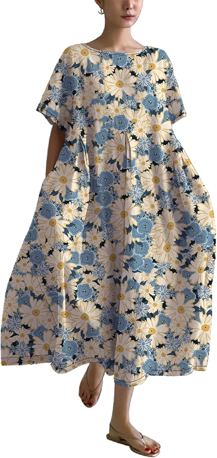 Womens Floral Print Dresses Casual Plus Size Short Sleeve Baggy Midi Dress Summer Soft Crewneck Flowy Boho Dress