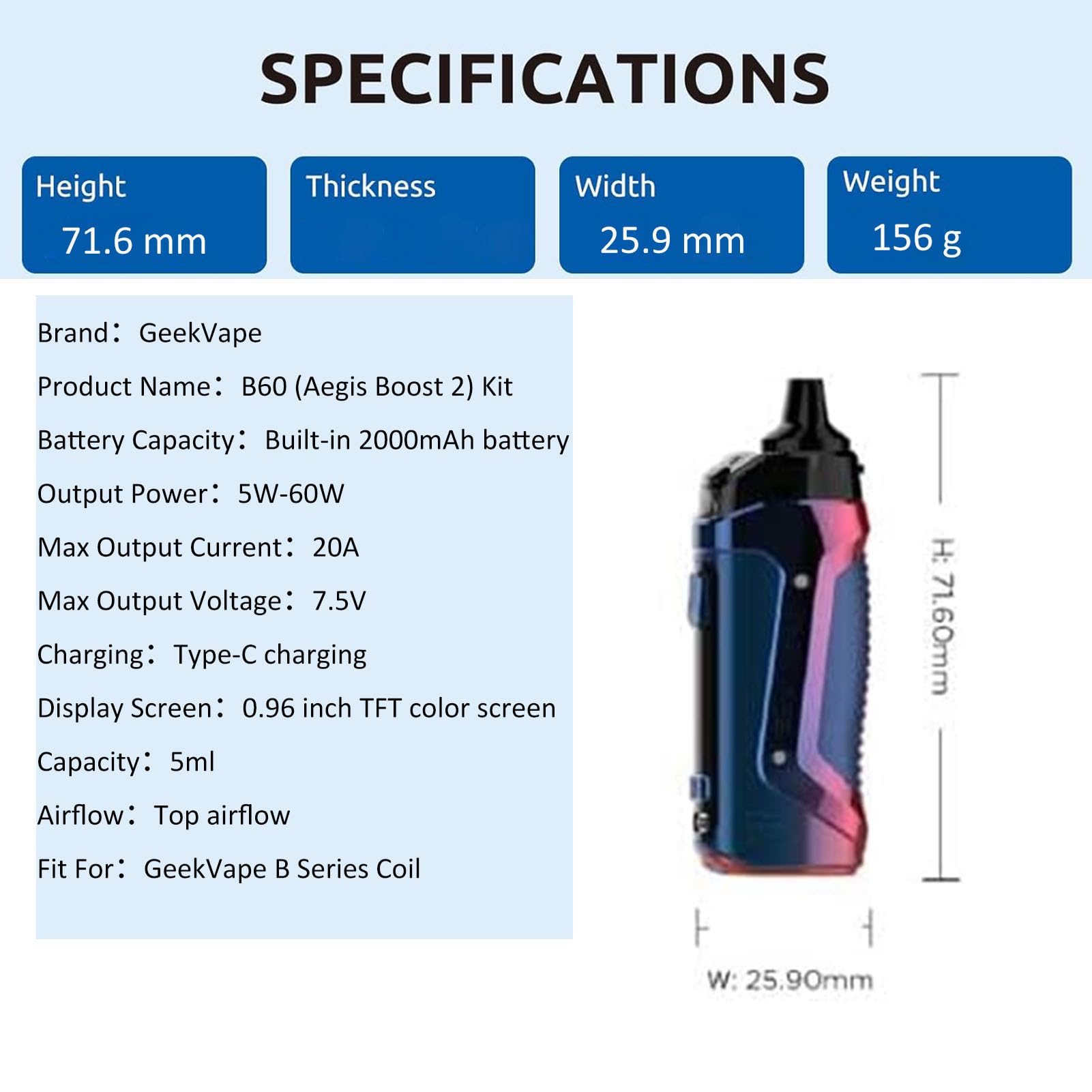 GeekVape B60 Kit Aegis Boost 2 Pod Mod Kit 60W Built in 2000mAh Battery 5ml GeekVape  B60 (Aegis Boost 2) Pod Cartridge B Series Coil 0.2Ω 0.6Ω No Nicotine :  Amazon.fr: High-Tech