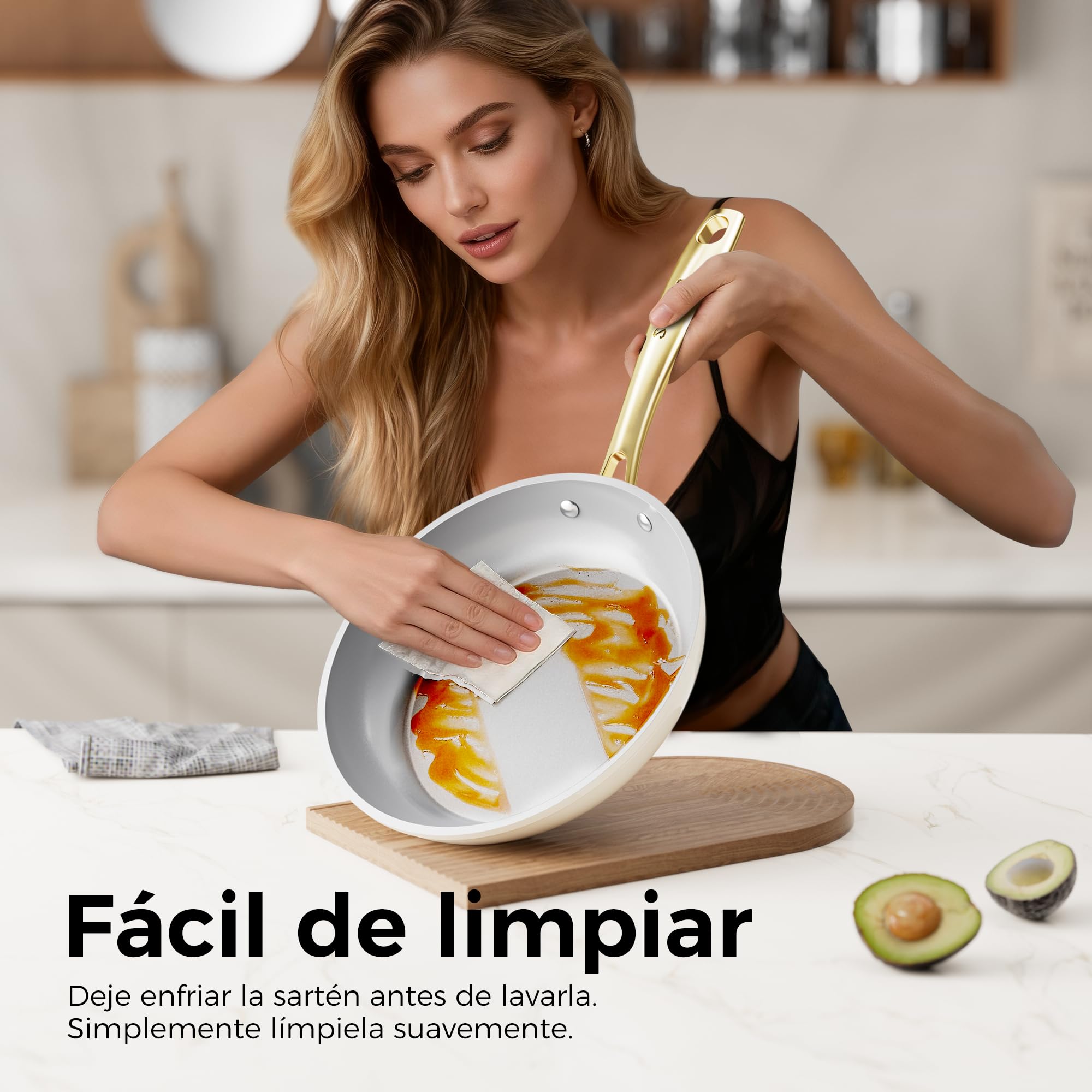 Sanho Sartén antiadherente con mango dorado (8-10-12 pulgadas, 3 piezas)