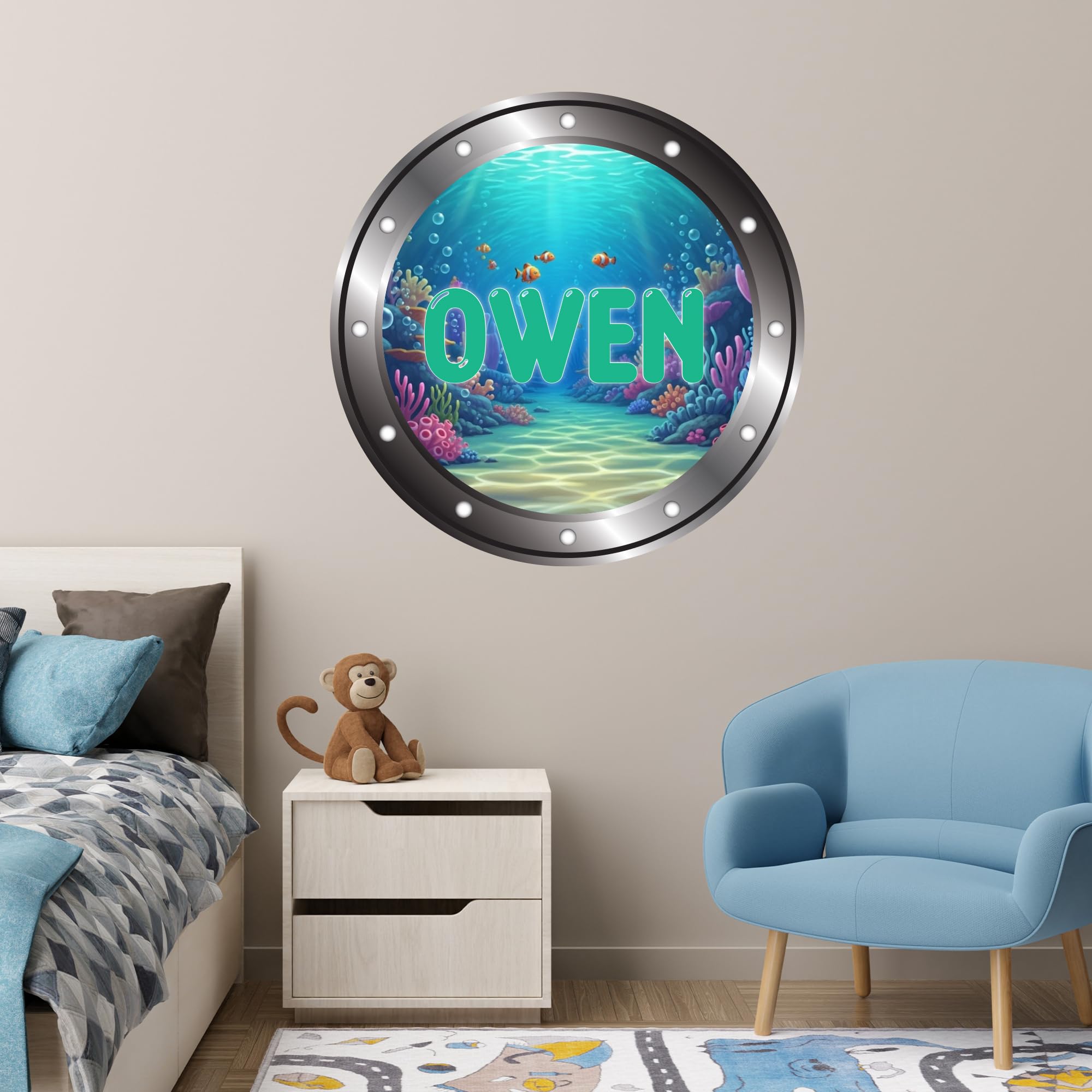 Kids Wall Sticker - Personalised Porthole Under The Sea Decal Kids Bedroom Wall Art (90cm Width x 90cm Height)