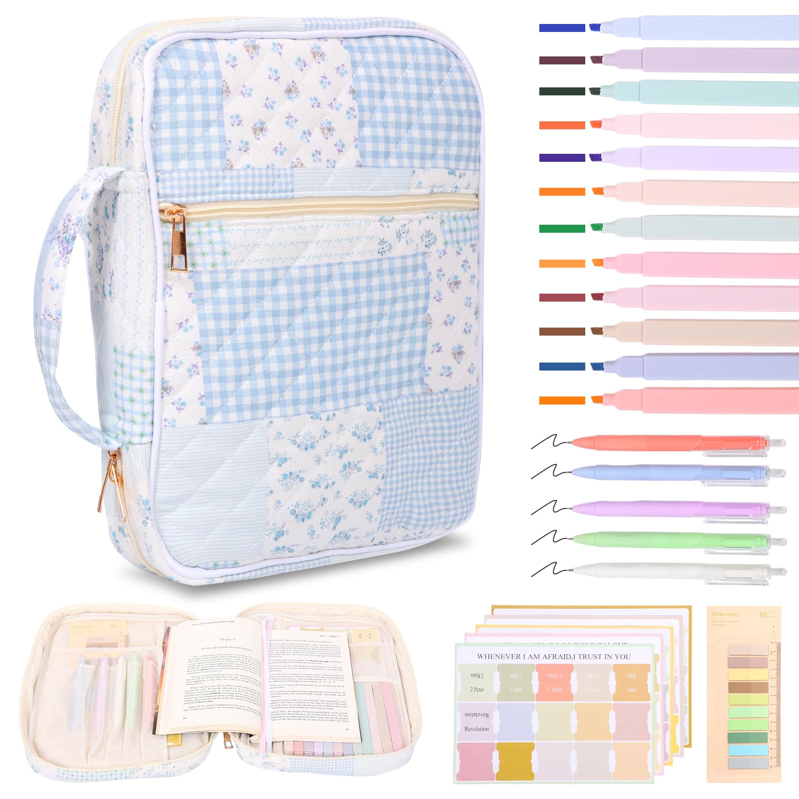 Portable Bible Cover Case, Cotton Bible Study Supplies Tote Bag with 5 Gel Pens 12 Highlighters Bookmarks and Notes Multi Pockets Floral Printed Carrying Bag for Women Girls Study(Blue)