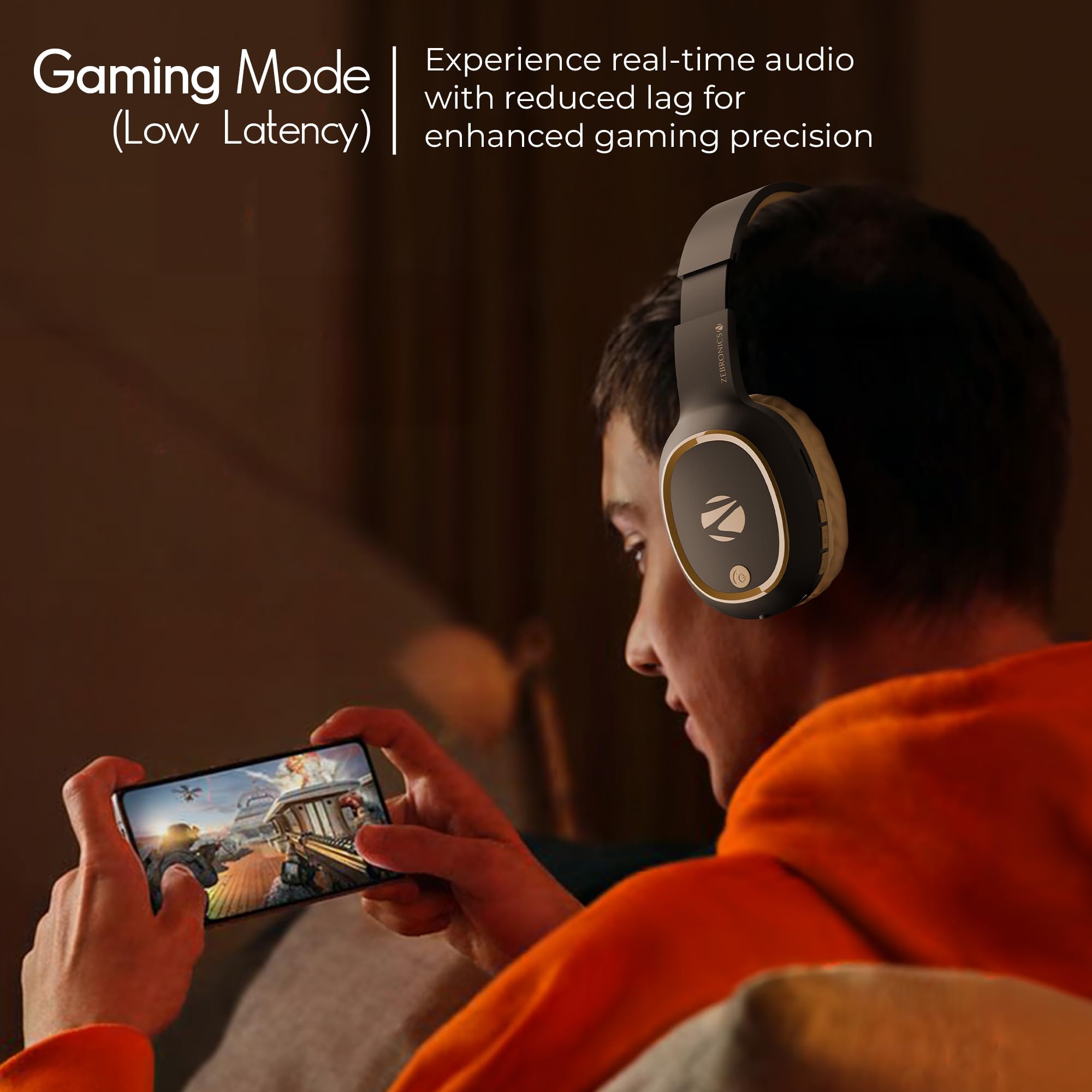 Zebronics Thunder (2026 Upgrade) Wireless Headphones, BT v6.0, True 60 hrs Playback, 40mm Drivers, ENC, Gaming Mode, Dual Pairing, AUX & microSD, Rapid Charging, Call Function (Brown) — Amazon image 5