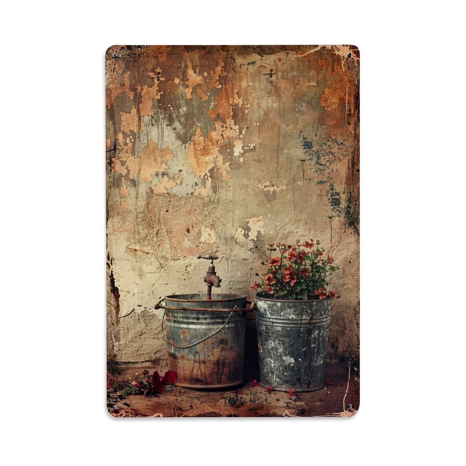 Nestemfo Vintage Rustic Wall With Flower Buckets Tin Sign Metal Sign, Living Room,Bar, Home, Bedroom Wall Decor,Retro Metal Poster 8X12 Inches