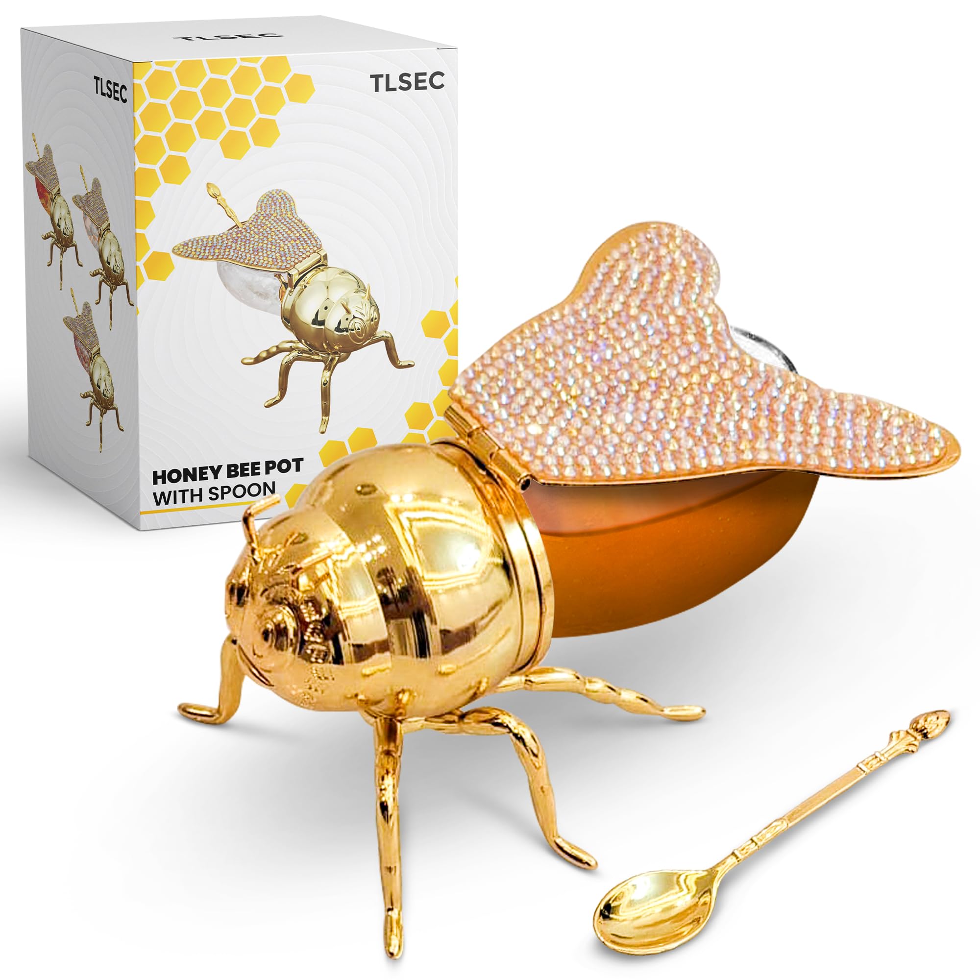 TLSEC Luxury Bee Shaped Honey Jar with Spoon, 4.7 oz Glass Honey Pot with Lid & Dipper, Decorative Honey Container for Kitchen, Unique Bee Gift Idea (White)