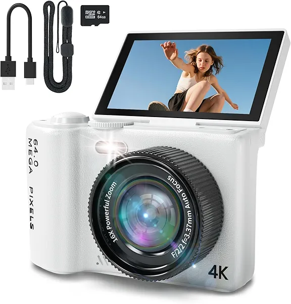 16X Zoom 4K Digital Camera for Photography and Video, Point and Shoot Digital Cameras with Flip Screen, Small Digital Camera with Wifi and Bluetooth, Vlogging Camera for Youtube Video Recording(White)
