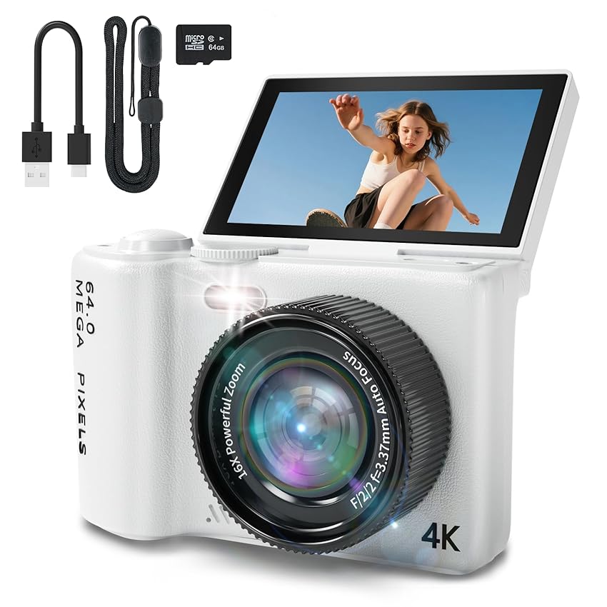 4K Digital Camera for Photography and Video, Point and Shoot Digital Cameras with Flip Screen, Small Digital Camera with Wifi and Bluetooth, Vlogging Camera for Youtube Video Recording (White)
