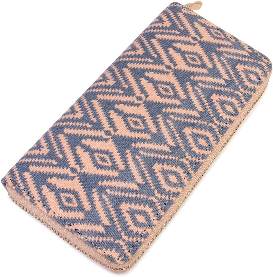 RIAH FASHION Geometric Print Zip Around Wallet - Card Phone Slot Zipper Purse Chevron, Cork, Crochet, Camo, Stripe, American Flag (Chevron - Blue)