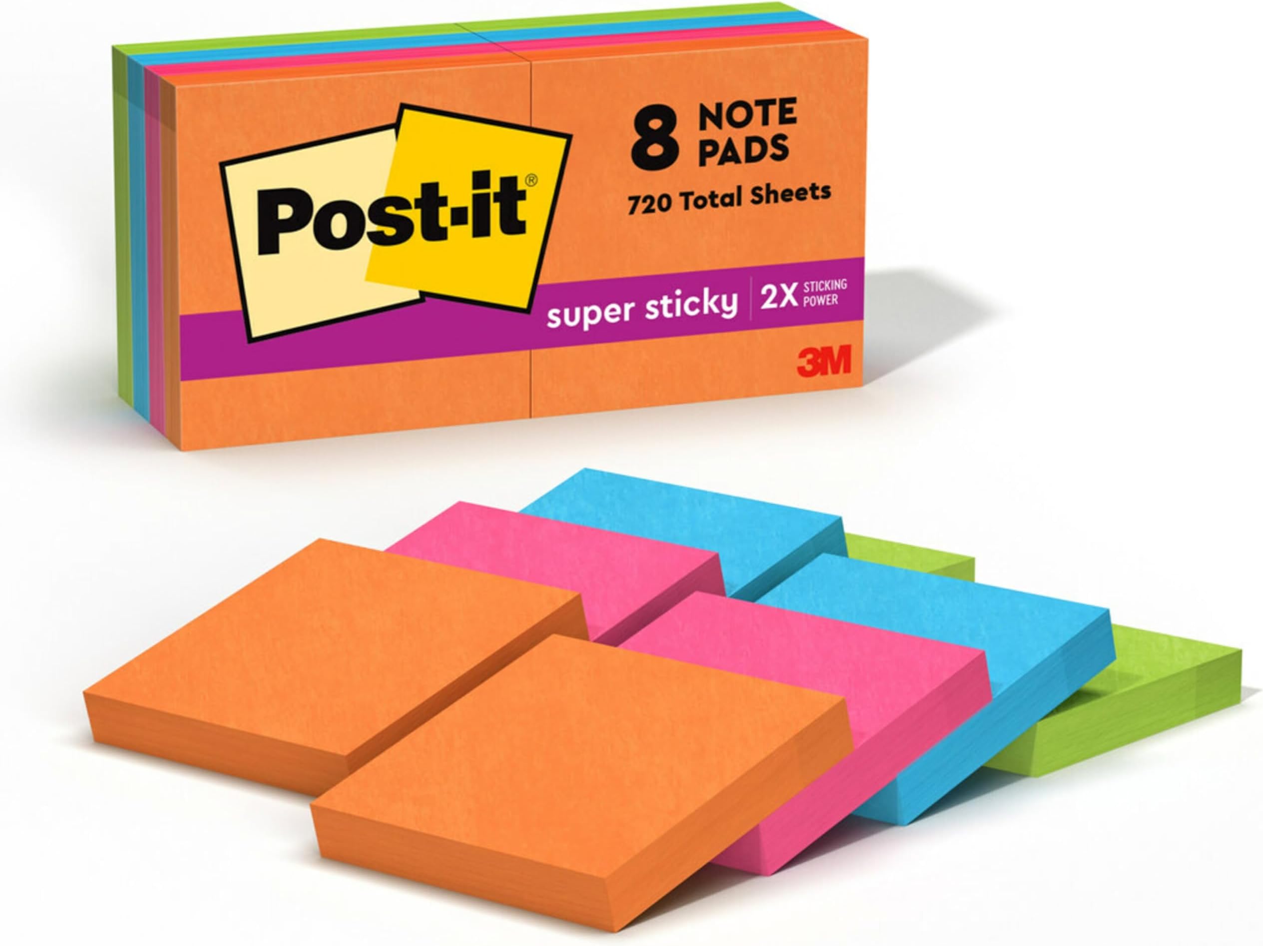 Super Sticky Notes, 8 Sticky Note Pads, 1.875 x 1.875 in., School Supplies, Office Products, Sticky Notes for Vertical Surfaces, Monitors, Walls and Windows, Energy Boost Collection