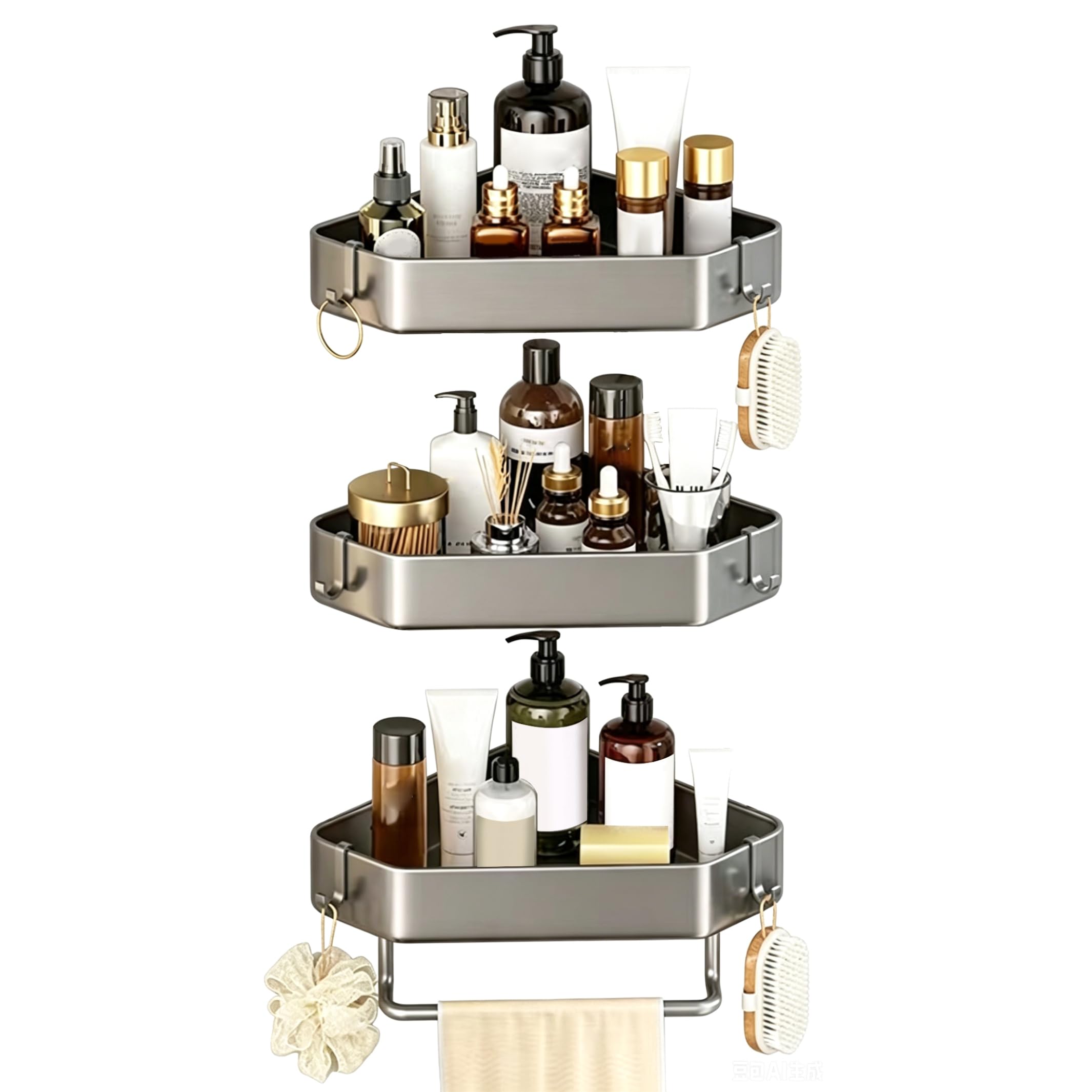 Otbushit 3-Tier Adhesive Wall-Mounted Corner Shower Caddy, Gray Bathroom Corner Shelf with Towel Bar & 2 Hooks