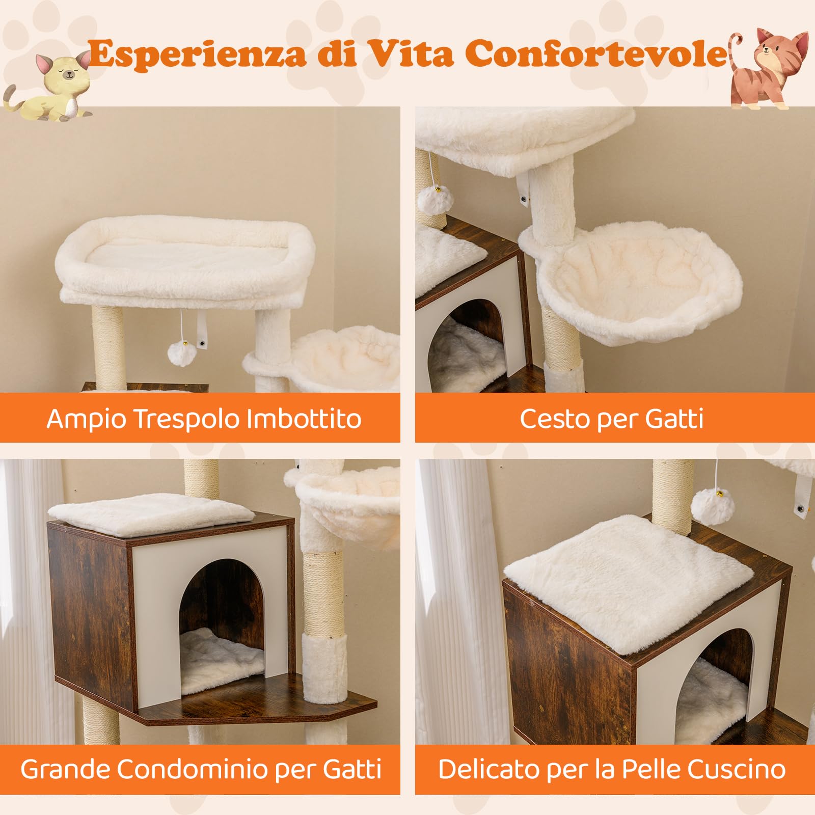 COSTWAY Albero per Gatti con Mobile per Lettiera Alto 155 cm (Marrone) | Tiragraffi per Gatti con Posto Graffio in Sisal e Tappetino, Pallina Pendenti, Toilette Nascosta e 2 Ciotole per Cibo