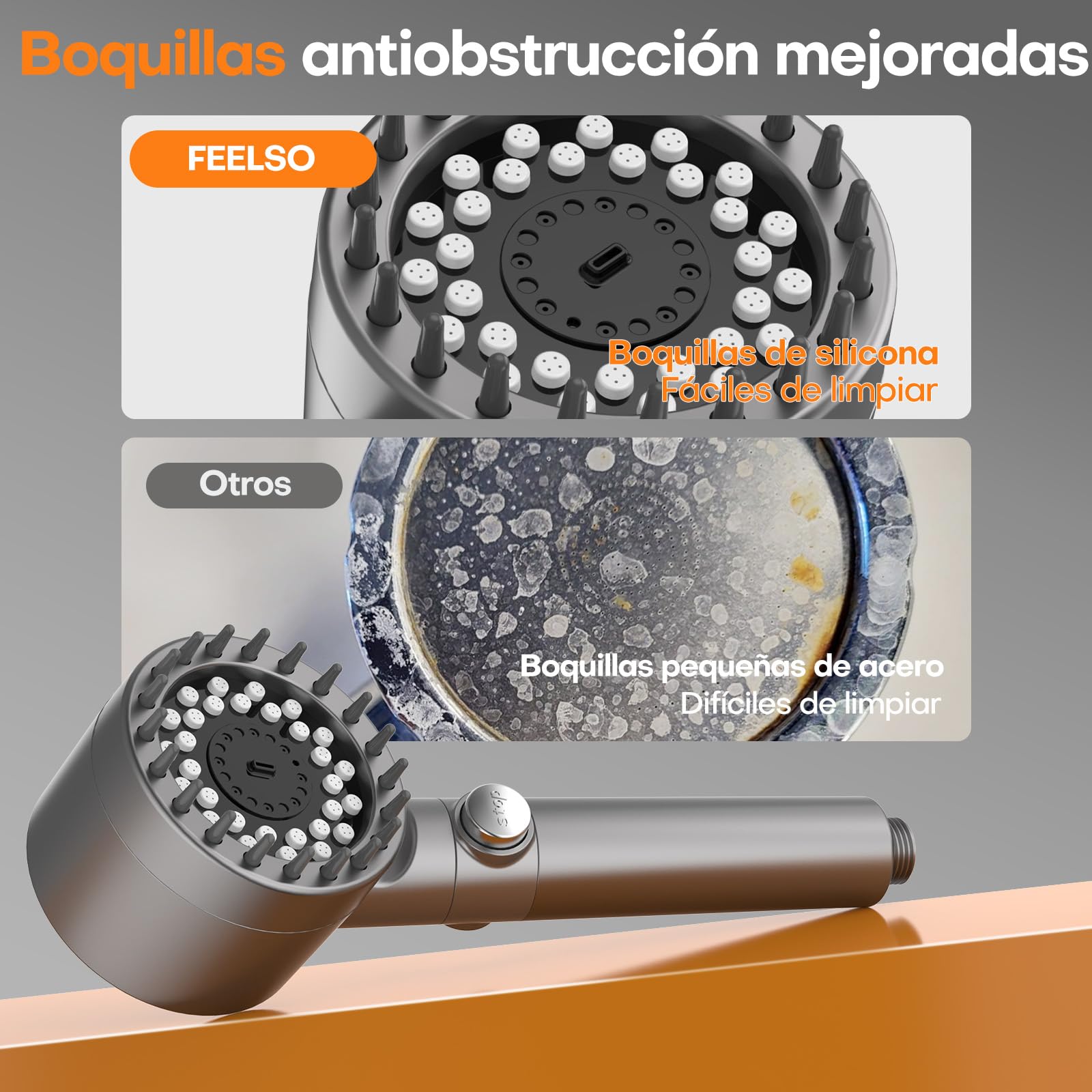 FEELSO Alcachofa de Ducha con Filtro de 15 Pasos, Alcachofa Ducha Alta Presión 4 Modos de Rociado, Cabezal Ducha Antical con Función de Parada, Elimina Cloro Residual y Apta para Agua Dura (Gris)
