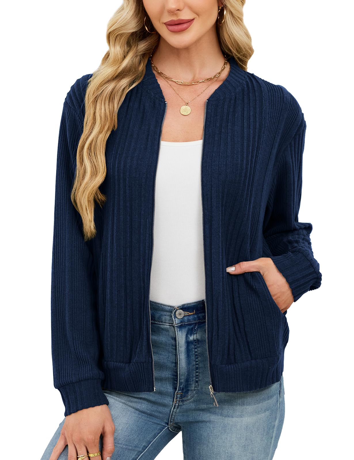 Viracy Womens Full Zip Up Cardigan Sweater Lightweight Casual Long Sleeve Jackets with Pockets