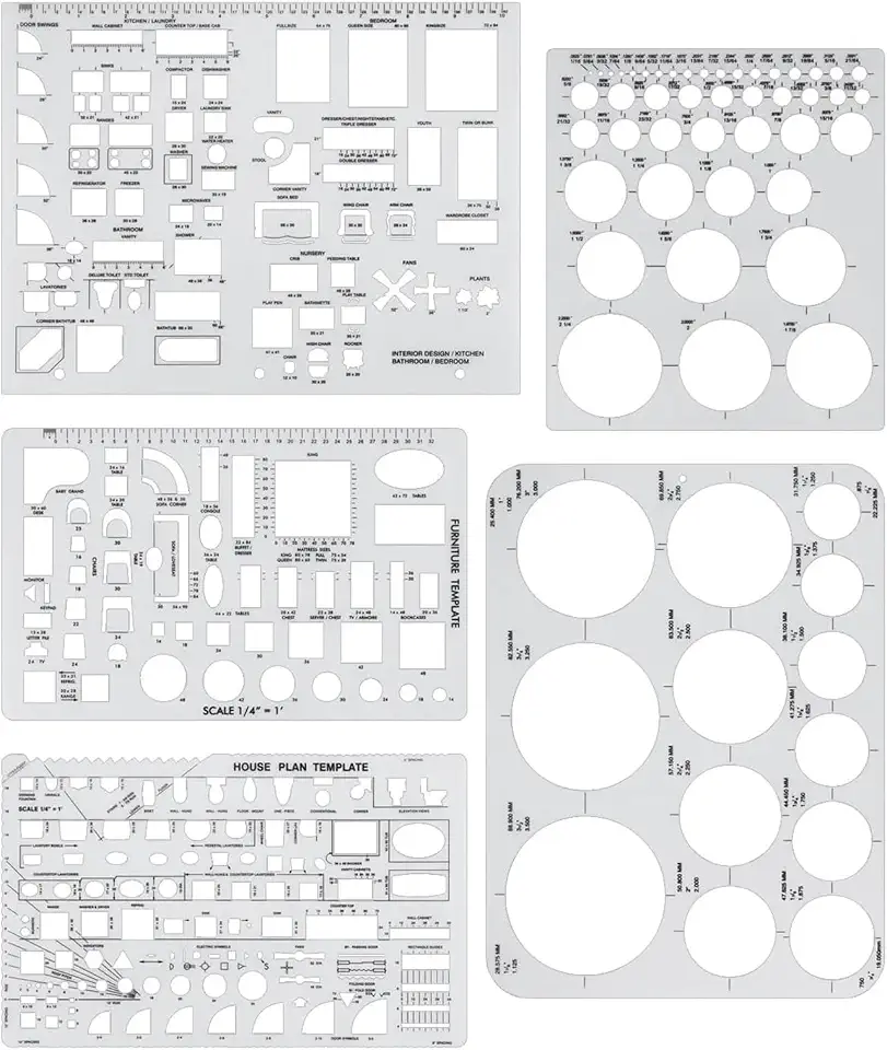 Wisfunlly 5 Pcs Architectural Templates Set, Circle Template, House Plan, Interior Design and Furniture Stencil Tools, Drafting Rulers and Shape Guides for Architects Designers Students (Transparent)