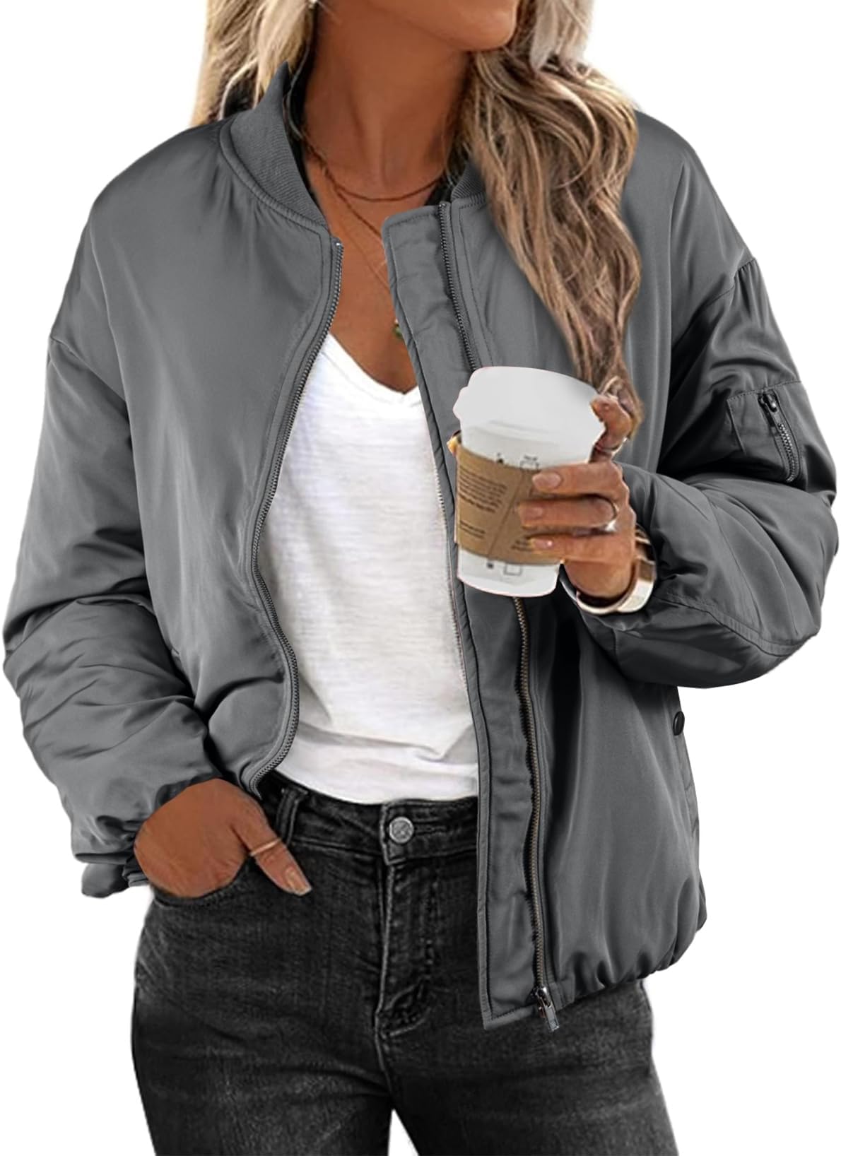 EVALESS Puffer Bomber Jackets for Women, X-Large, Medium Grey