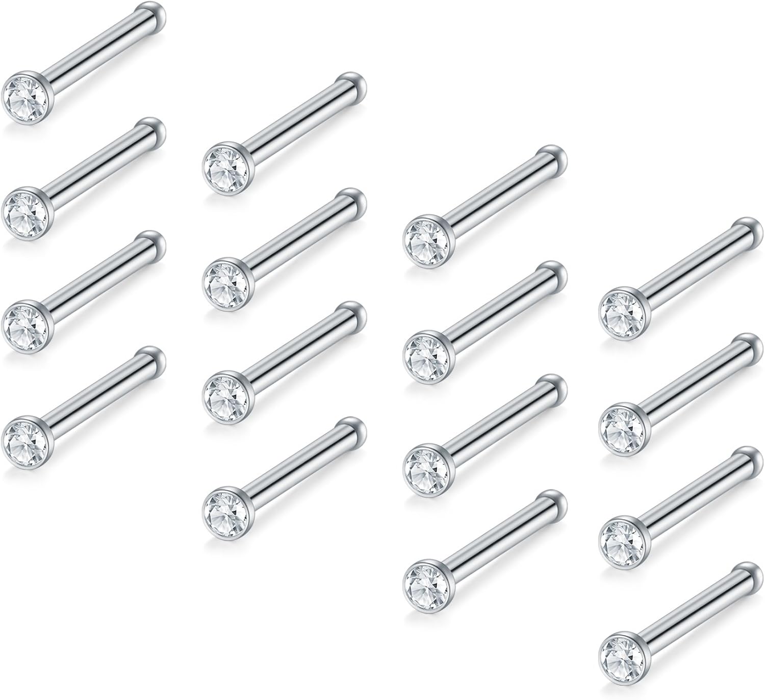 JFORYOU 16 Pcs 18G Nose Studs Pin Set 316L Surgical Steel Nose Pin Nose Stud Nose Bar Nose Bone, B4 18G Silver Straight 16Pcs