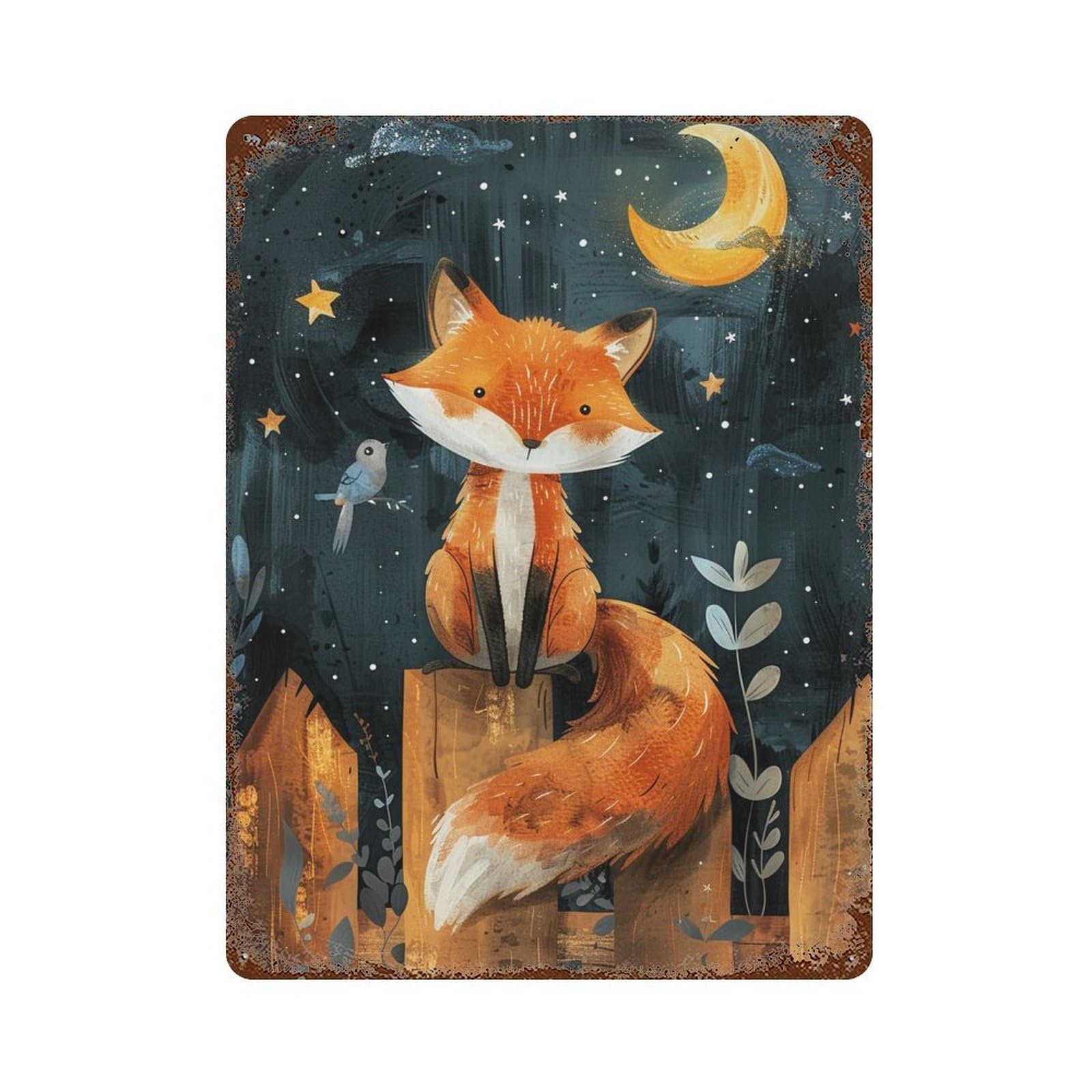 Magical Night Fox Illustration 15.7"x11.8" Distressed Metal Wall Sign, Shabby Chic Decor for Shed, Workshop And Garage Wall Decor
