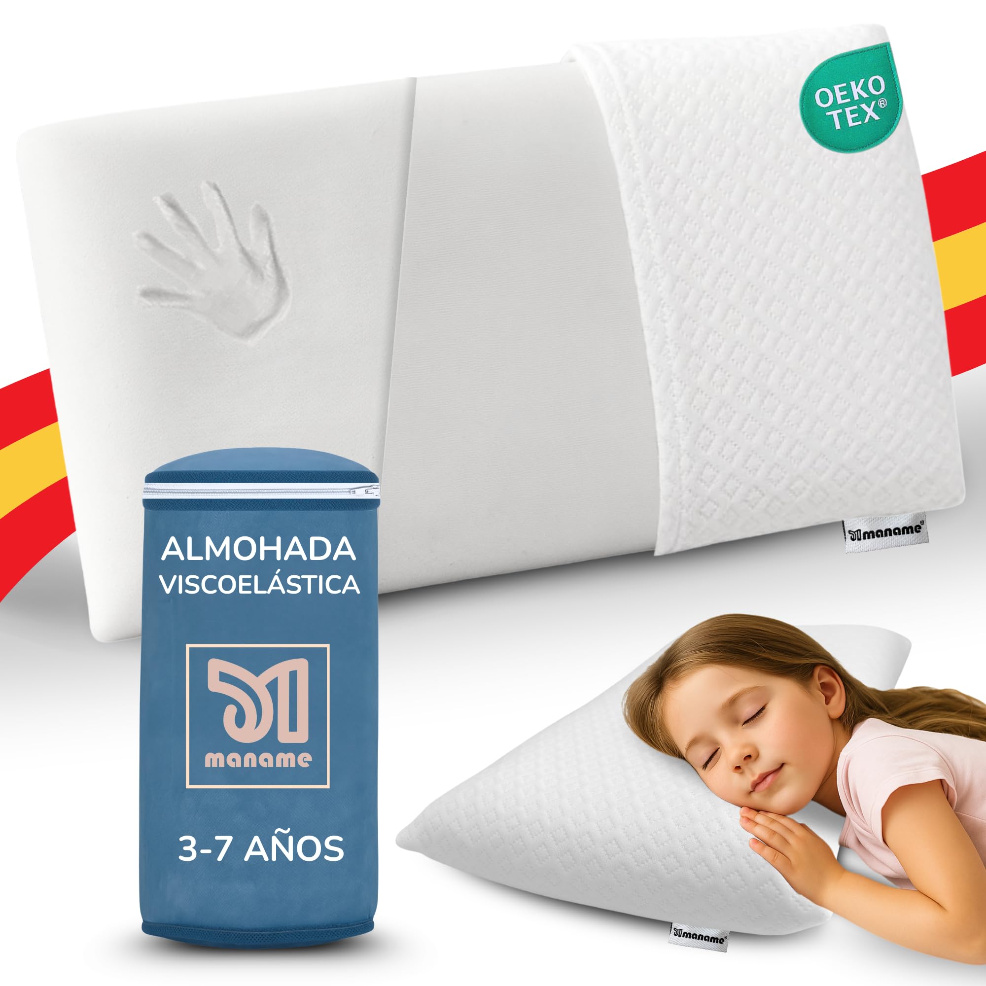 maname Almohada Infantil. 90x35x7cm Viscoelastica Ergonómica Hipoalergénica – Almohada Niños 3 Años Plana Hecha en España – Almohada de 90 para Niños con Doble Funda Algodon Memory Foam Kids Pillow