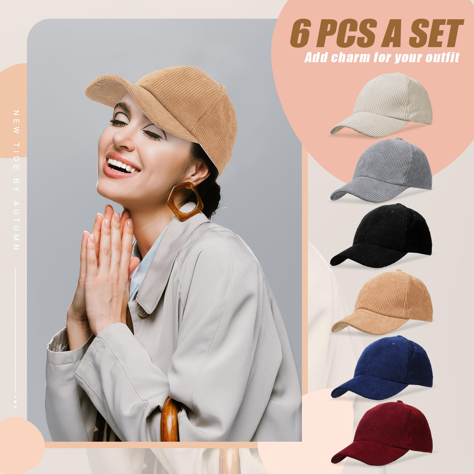 Cindeer 6 Pieces Vintage Corduroy Baseball Caps Solid Color Adjustable Trucker Hat for Men and Women, Mix Color