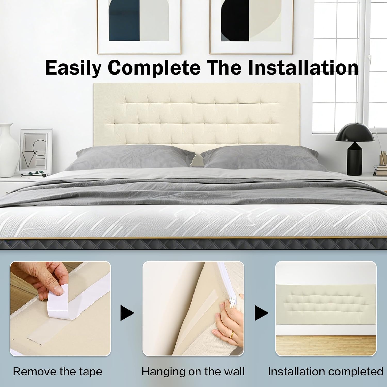 Upholstered Headboard Full Size, 54" x 21" Easy No-Tools Wall Mounted Bed Headboards, Modern Linen Button Diamond Tufted Design, Beige