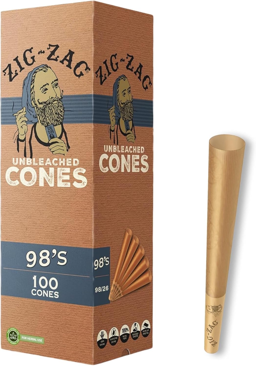 ZIG-ZAG Pre Rolled Cones 98’s Size (800 Pack) Unbleached - Slow Burning Pre Rolled Cones with Tips & Packing Tubes Included - Bulk Pack