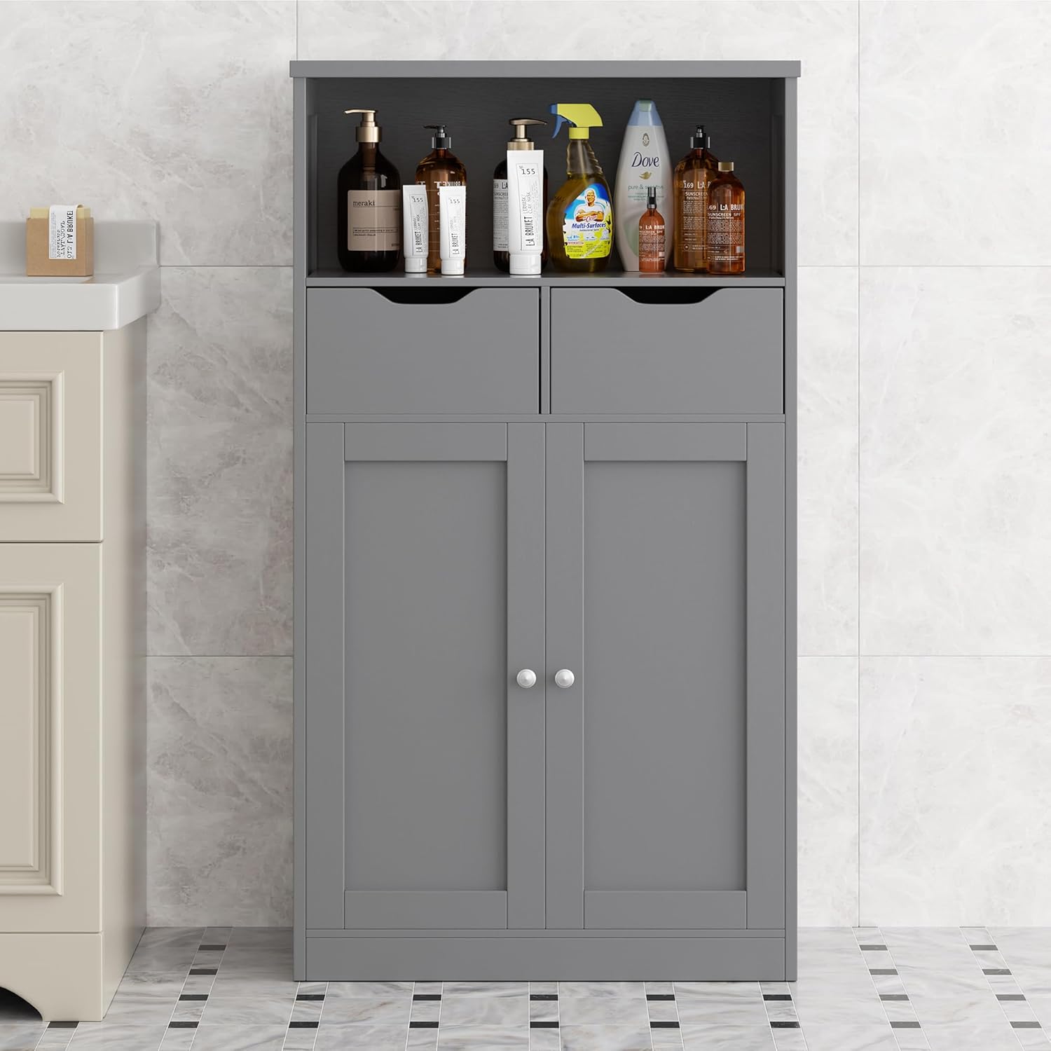 Walsunny Bathroom Storage Cabinet, Floor Storage Cabinet with 2 Drawers 2 Doors and 2 Adjustable Shelves, Freestanding Wood Storage Organizer for Bathroom Living Room Kitchen Entryway, Grey