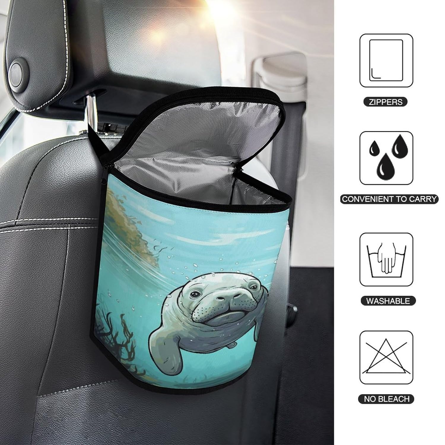 Hanging Car Trash Bag Crazy Save Manatee Printed Car Garbage Storage Bag Leakproof Car Trash Can Portable Garbage Storage Bags