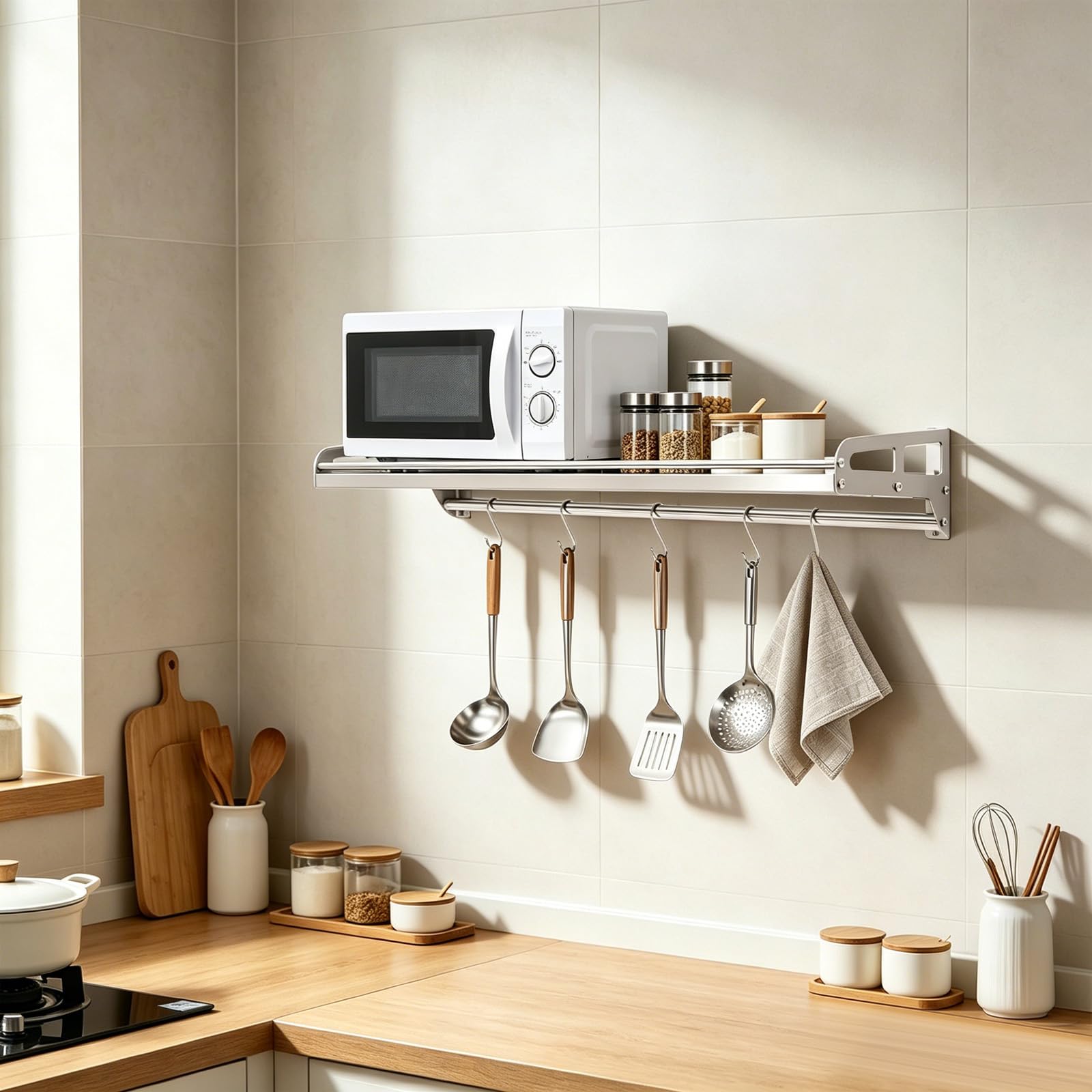 5 Haken Mikrowellen-Regalbretter Wandregal Metall Edelstahl Regal Wandboard Küche Wandregale Küchenregal Gewürzregal Küchenrollenhalter Wand Hängend Spice Rack Gewürzregale Gewürz Organize