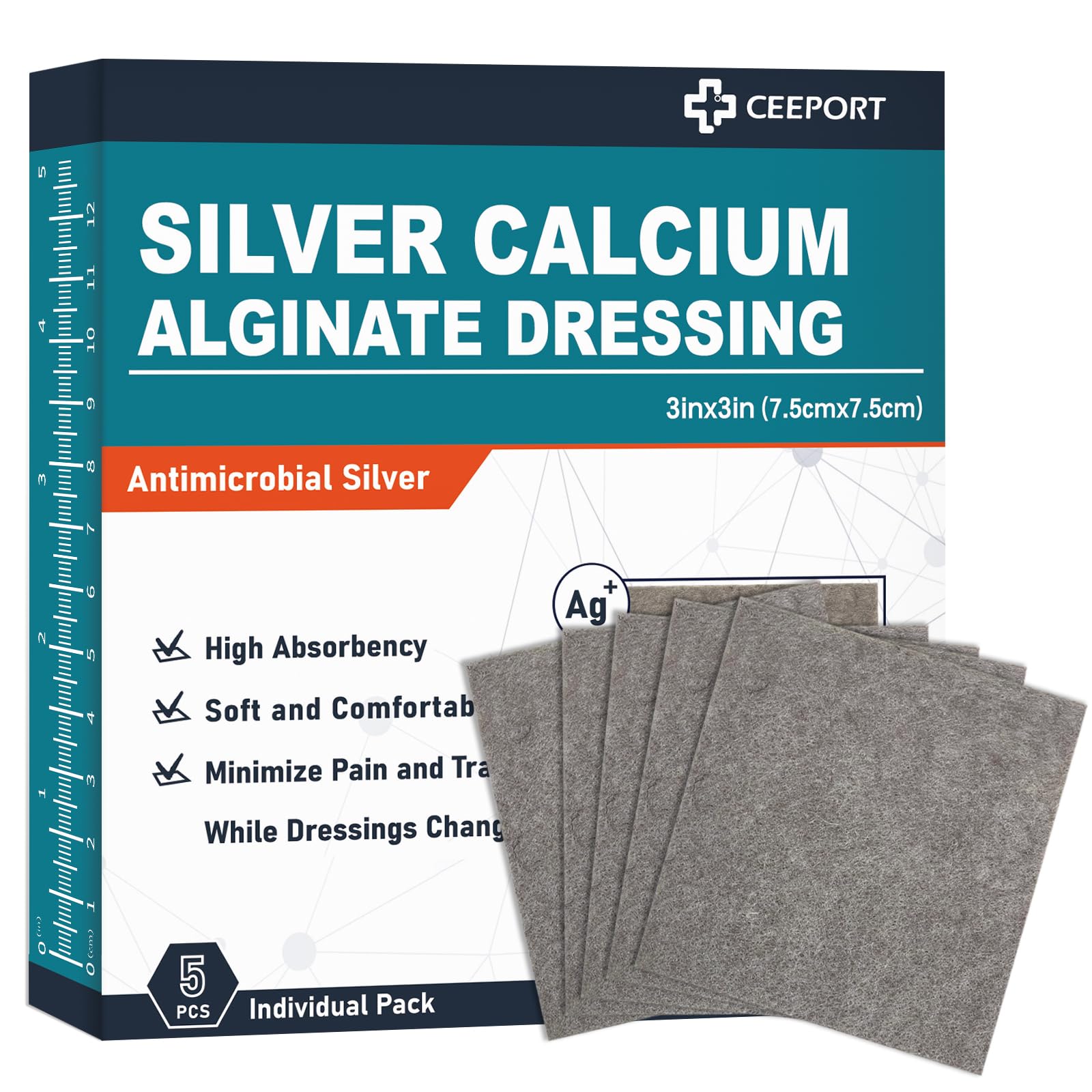 Silver Calcium Alginate Wound Dressing 3'' x 3'', 5 Individual Pack, Highly Absorbent Dressing Gauze, Soft and Comfortable Silver Dressing for Wound Care, Non Stick Pads for Wounds