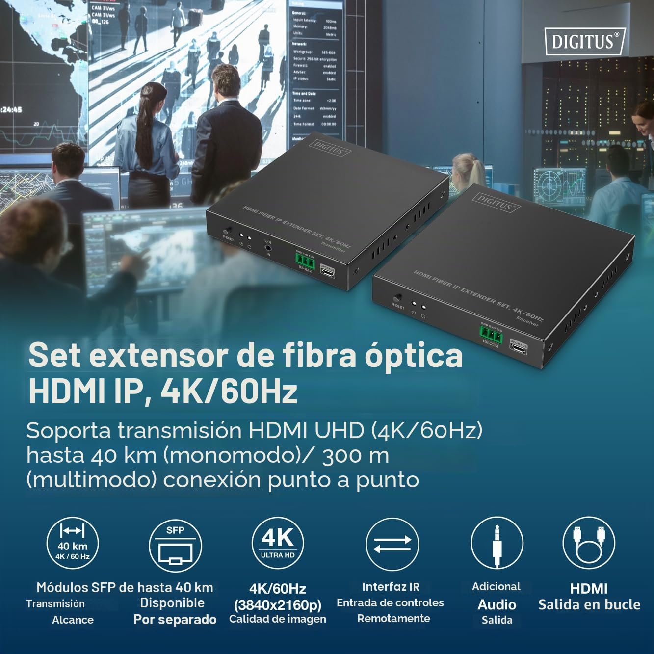 DIGITUS Extensor HDMI Fiber IP – UHD 4K 60 Hz – HDMI 2.0, HDCP 2.2