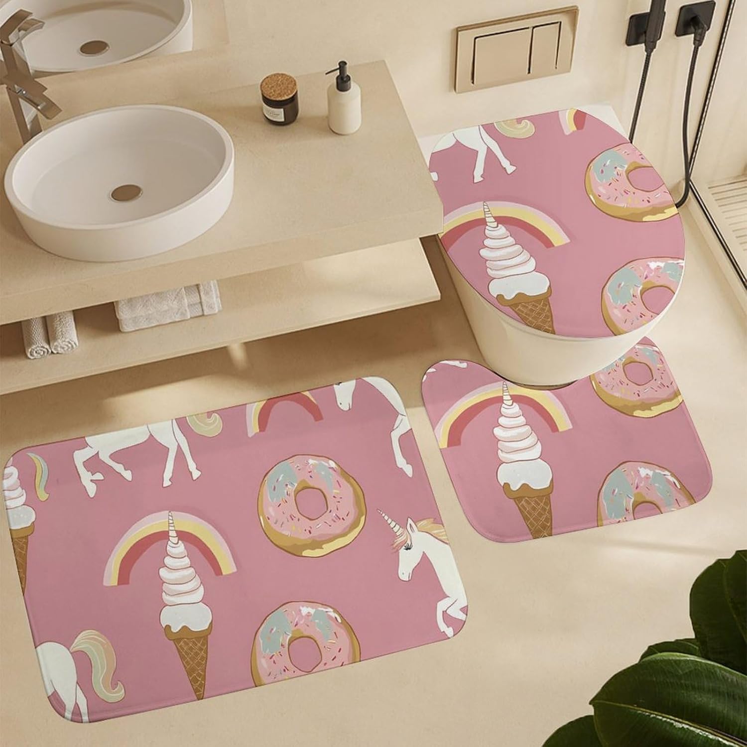 Unicorms Ice-Cream and Doughnuts Bathroom Sets with Shower Curtain and Rugs 4 Piece with U-Shaped Floor Mat Toilet Lid Cover