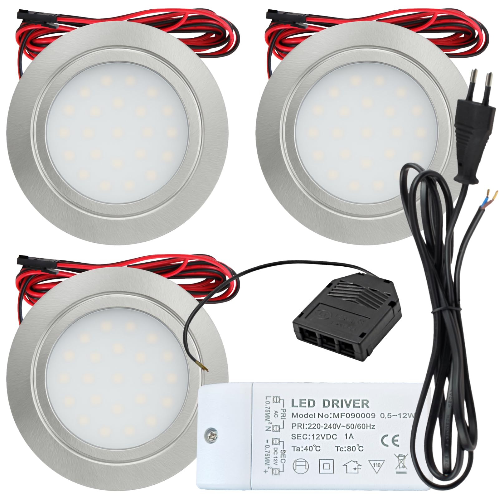 3er Set LED Möbeleinbauleuchte Finja 12V 2,4W Warmweiß 3000K | IP20 flach Ø65mm Einbauspot in Edelstahl geb. | 160lm | Inkl. LED Trafo, Mini-Verteiler & 230V Zuleitung | Für Küche, Bad & Möbel