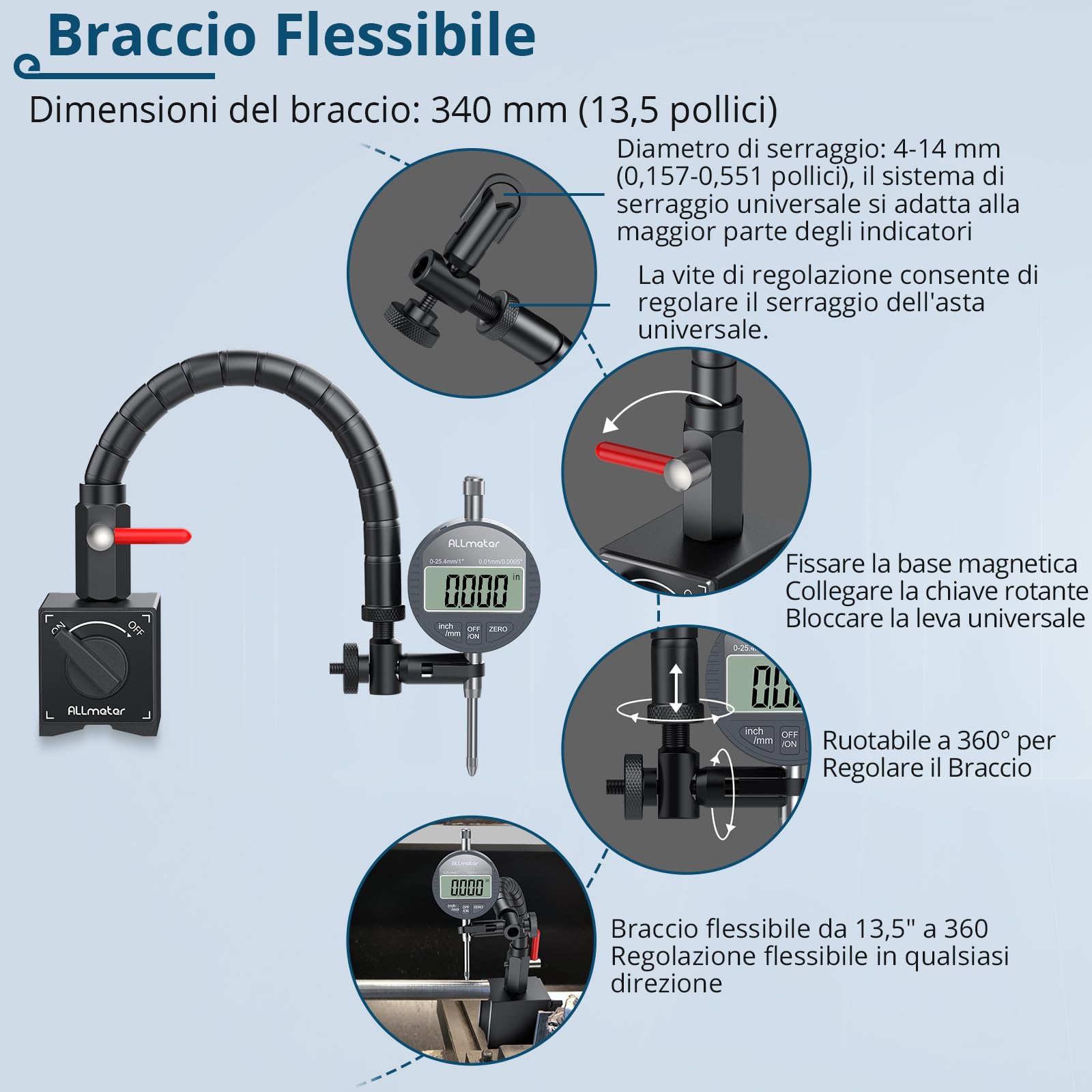 LCD Comparatore Centesimale 0-25.4mm con Base Magnetica Flessibile 80KG, Controllo ON/OFF, Indicatore Digitale di Precisione 0.01mm/0.0005" con Braccio Regolabile e Valigetta