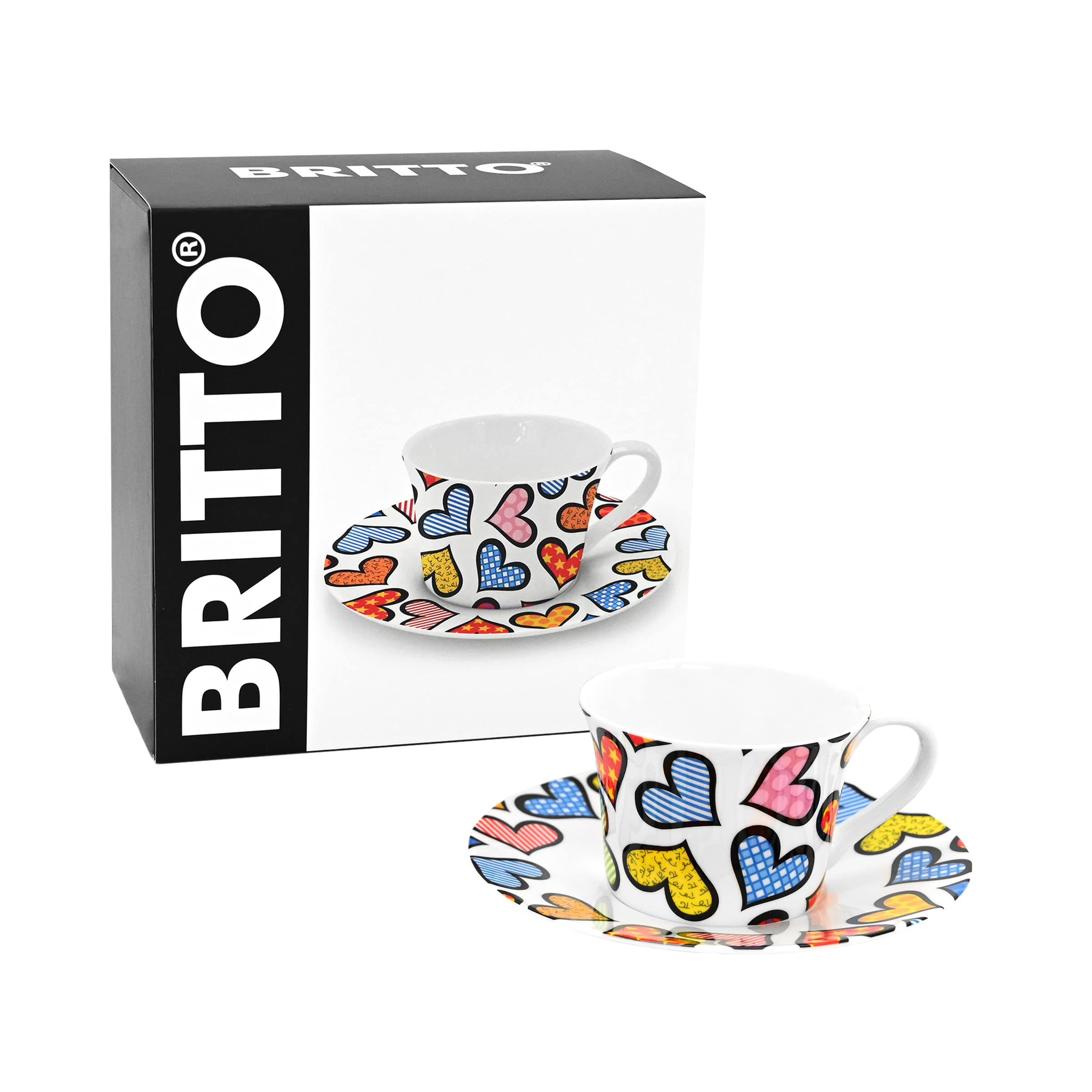 BRITTO Romero Bone China Coffee & Tea Cup with Saucer, 6.7 oz, Hearts, Colorful Artwork Design