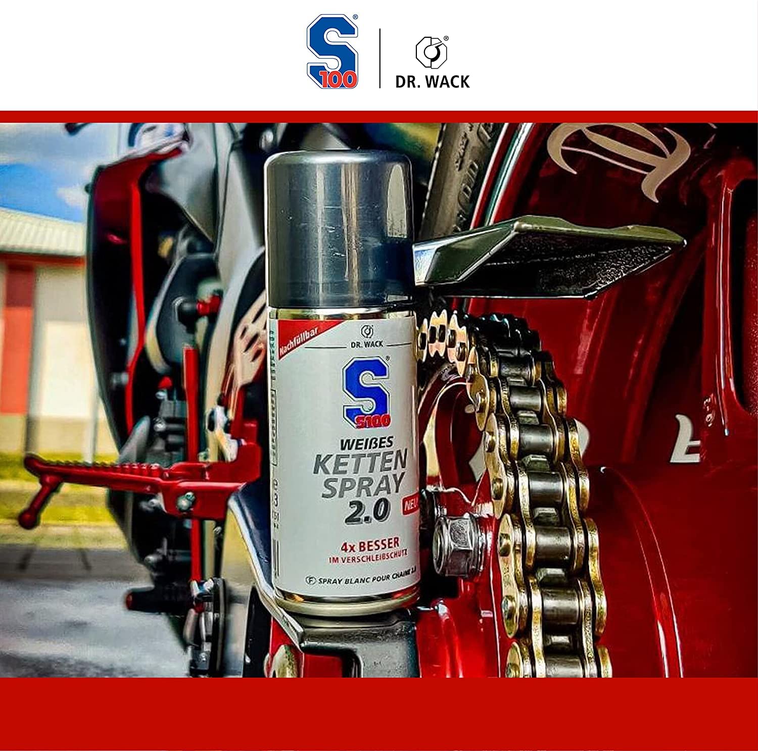 Dr. Wack S100 Paquete de limpieza y mantenimiento para motocicletas, limpiador rápido 0,5 l, spray de cadena blanca 0,4 l, refrescante de color 0,3 L, cera en aerosol A1 de alta gama 0,5 l + 3 paños