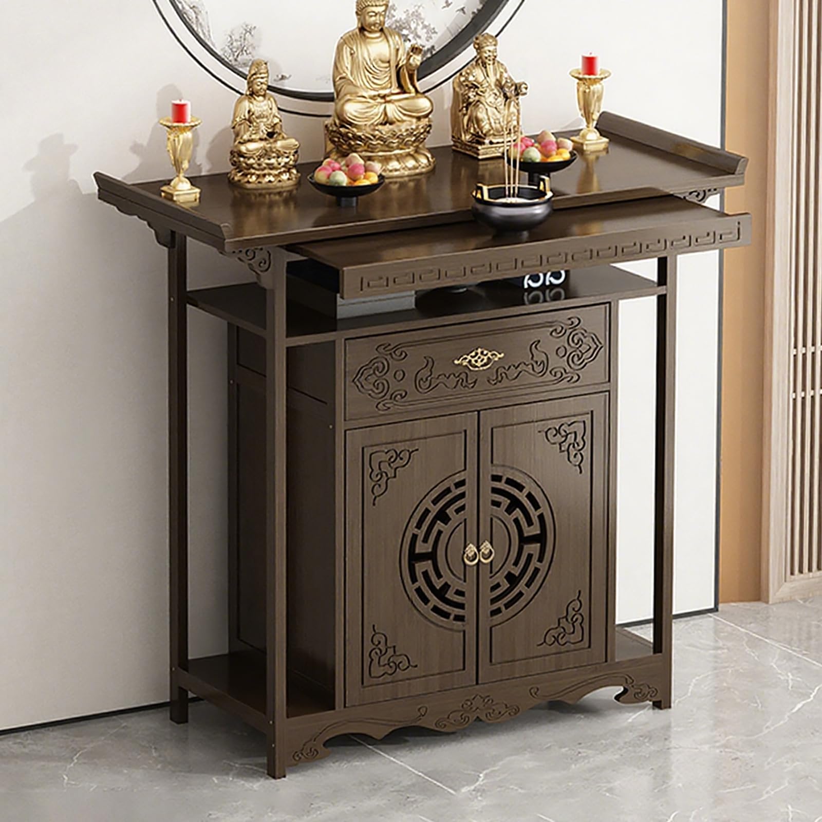 NHPJFDC Buddhist Altar Table with Storage, Meditation Altar Cabinet with Drawer, Bamboo Pooja Table for Home, Personal Chinese Pooja Cabinet (Dark Brown, 39.4 * 18.9 * 39.4in)