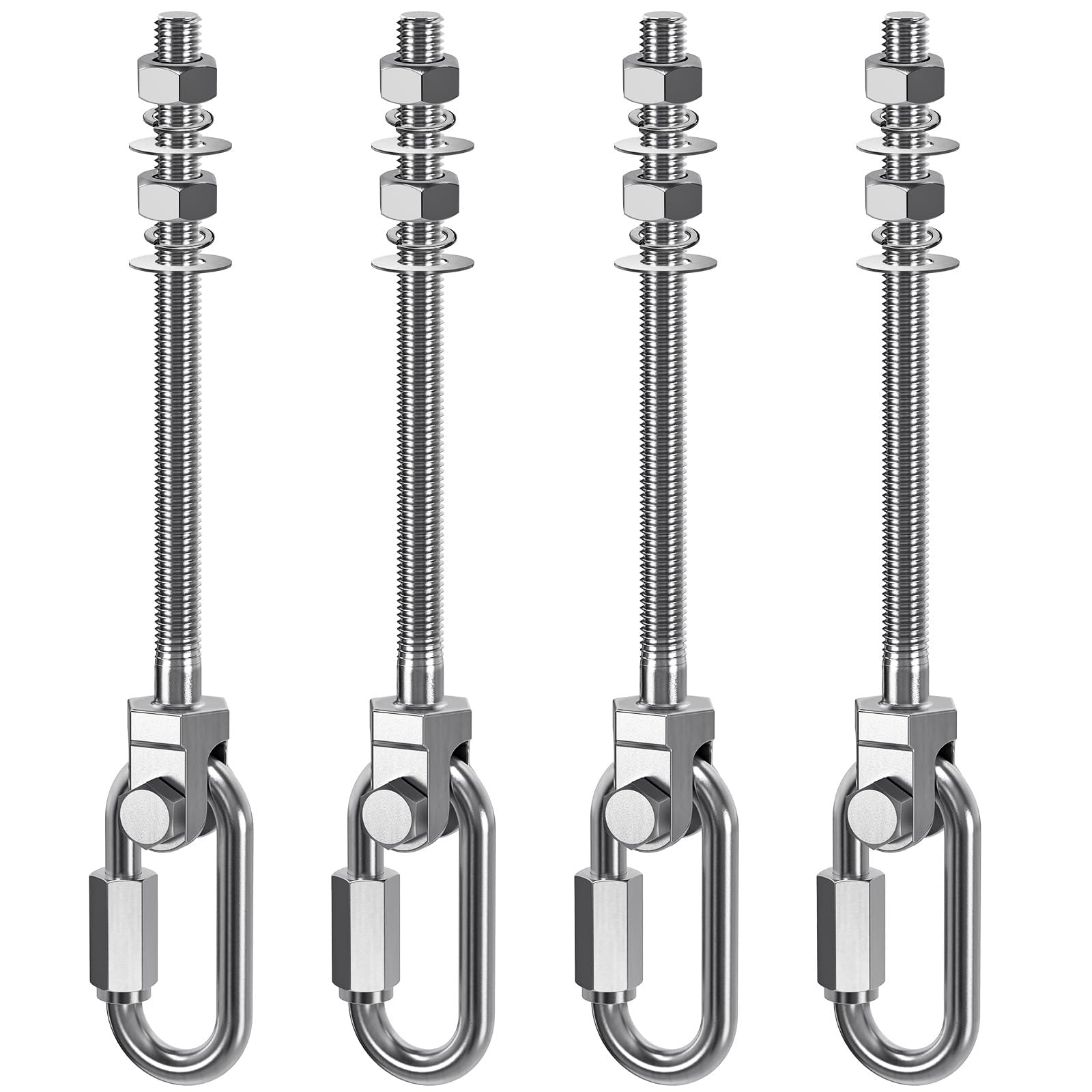 Dolibest 4pcs Swing Hanger, M10 x 180mm Heavy Duty Hammock Hook with Carabiner Hanging Chair Screw Eye Bolt Swivel Ceiling/Beam Mounting Bracket for Yoga Rope/Aerial Hoop/Punching Bag/Sandbag, 1500lbs — image 1