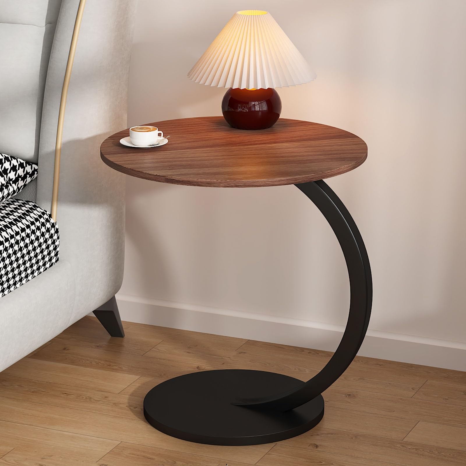 C Shaped Sofa Side Table with Wheels Round End Table for Laptop Bedside Vintage Coffee Accent Office Brown Black