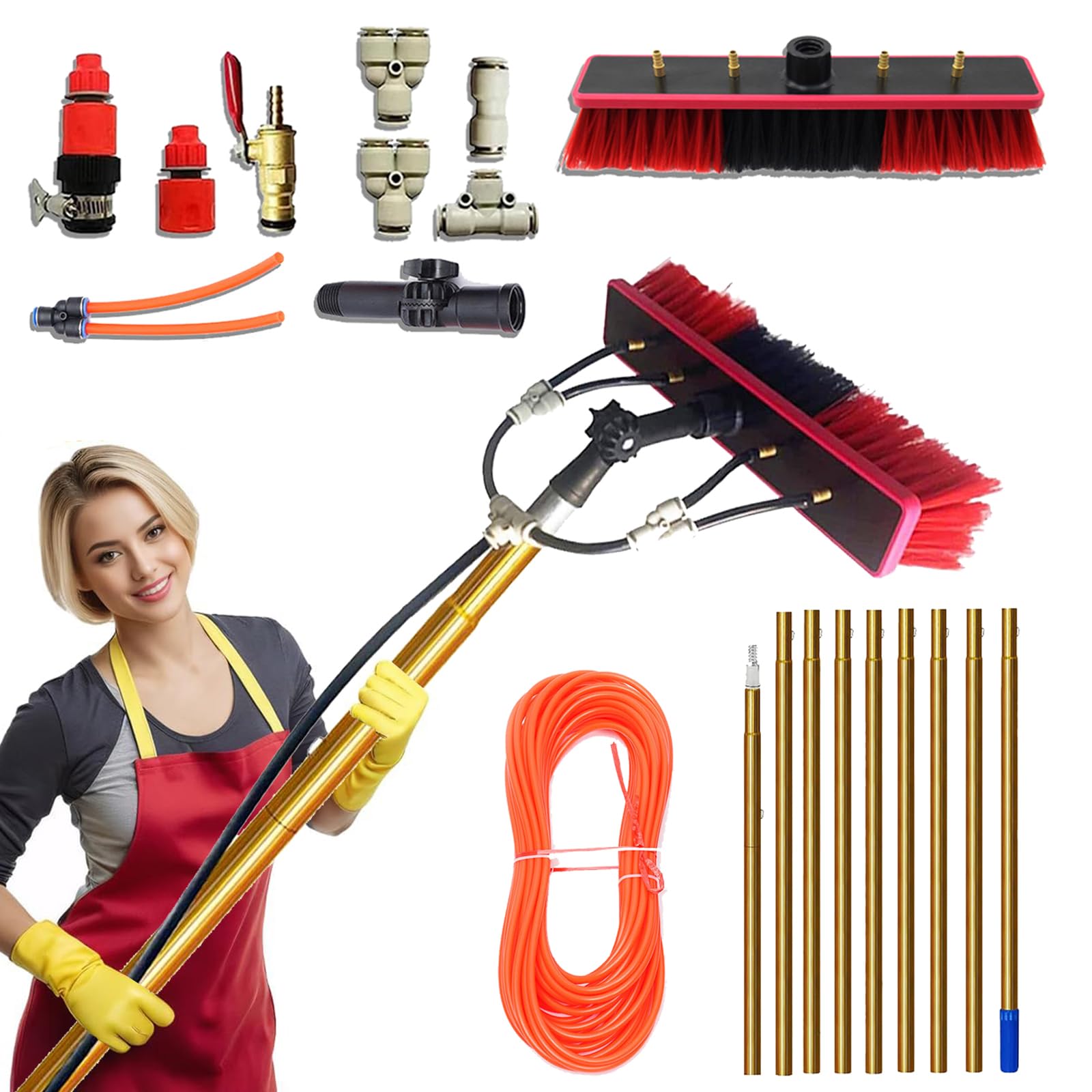 ZBBGTJK 12m Window Cleaning Kit - 39FT Telescopic Brush & 20m PU Tube for Solar Panels, Trucks, Boats & Cars - Professional Window Cleaning Equipment with 55cm Brush Head