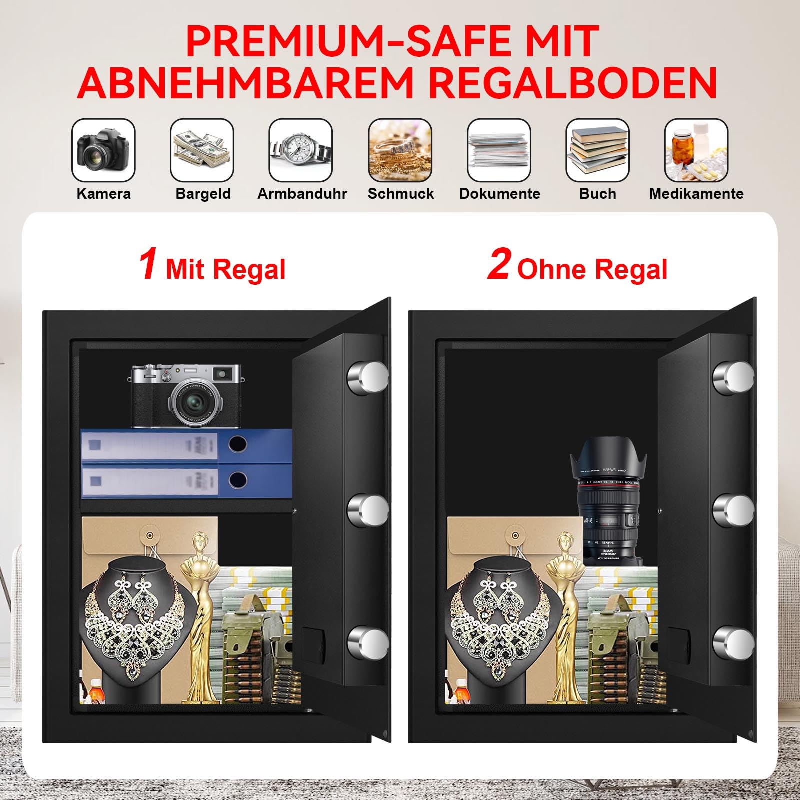 Digital Security Elektronischer Tresor mit LED-Beleuchtung, 60L Feuersicherer Safe für Zuhause, Büro, Hotel – Inklusive A4-Dokumentenbeutel und Wandmontage-Set (35x35x45cm)