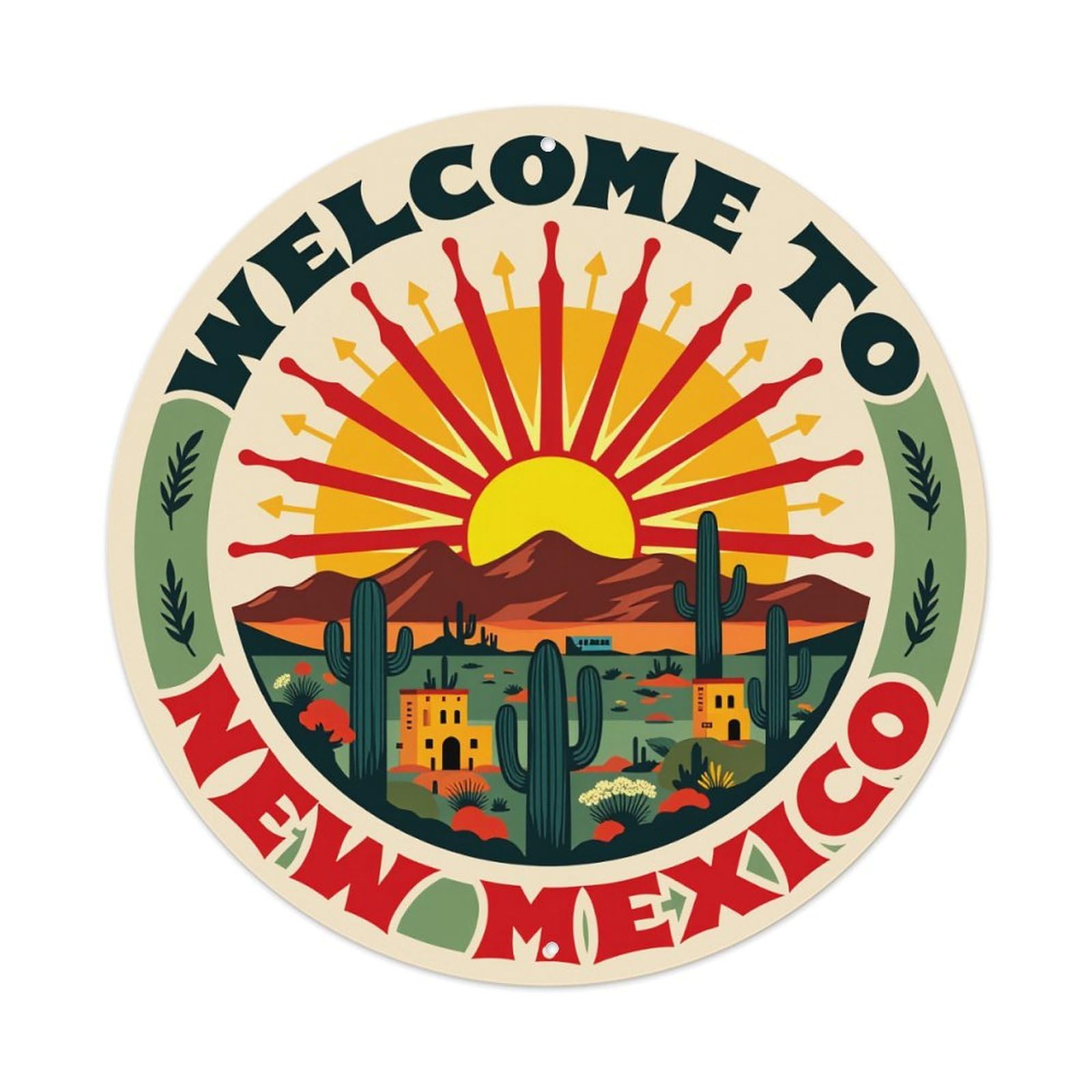 Welcome To New Mexico Round Tin Sign Retro Metal Sign for Cafe Bar Pub Home Game Room Gym Club Wall Decoration Vintage Metal Poster 8x8 Inch