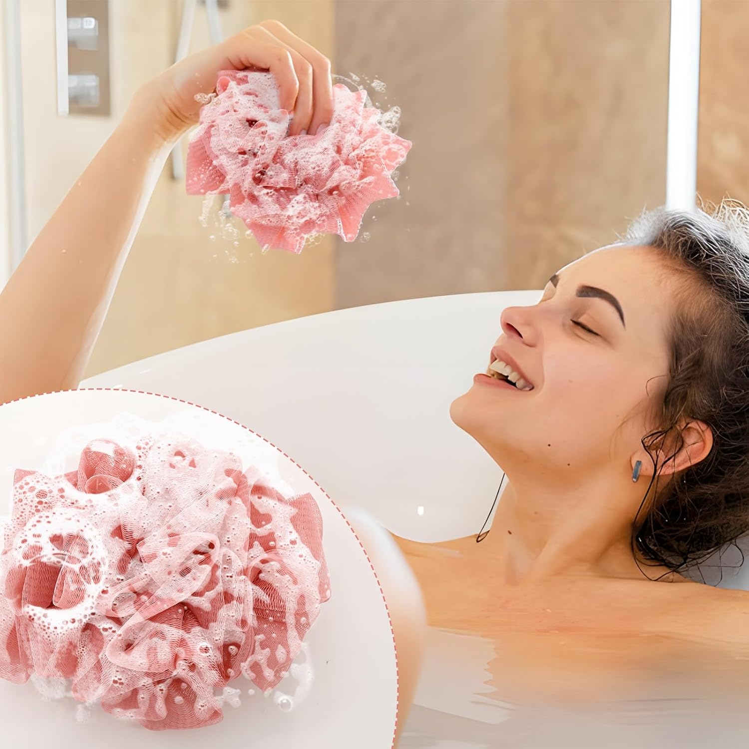 2 Pcs Bath Sponge with Drawstring,That Holds Bar Soap,for Cleansing and Smooth Skin,2 in 1 Loofah Washcloth Combo Soap Bar Loofah(Pink,Green) - Image 6