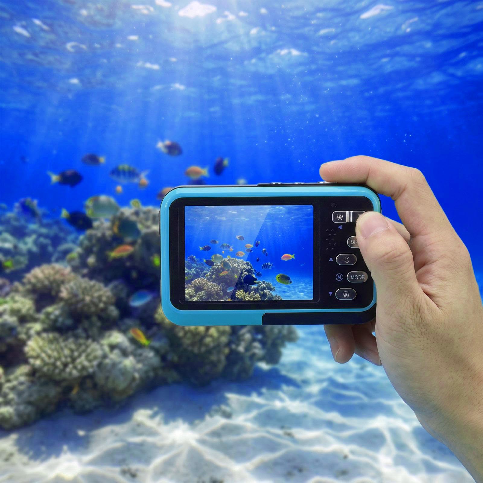 LICAEVEY Cámara Subacuática 5K, Cámara Digital Impermeable de Pantalla Dual con Enfoque Automático de 48MP con Tarjeta de 32GB, Luz de Relleno para Bucear, Nadar y Bucear (Blue)