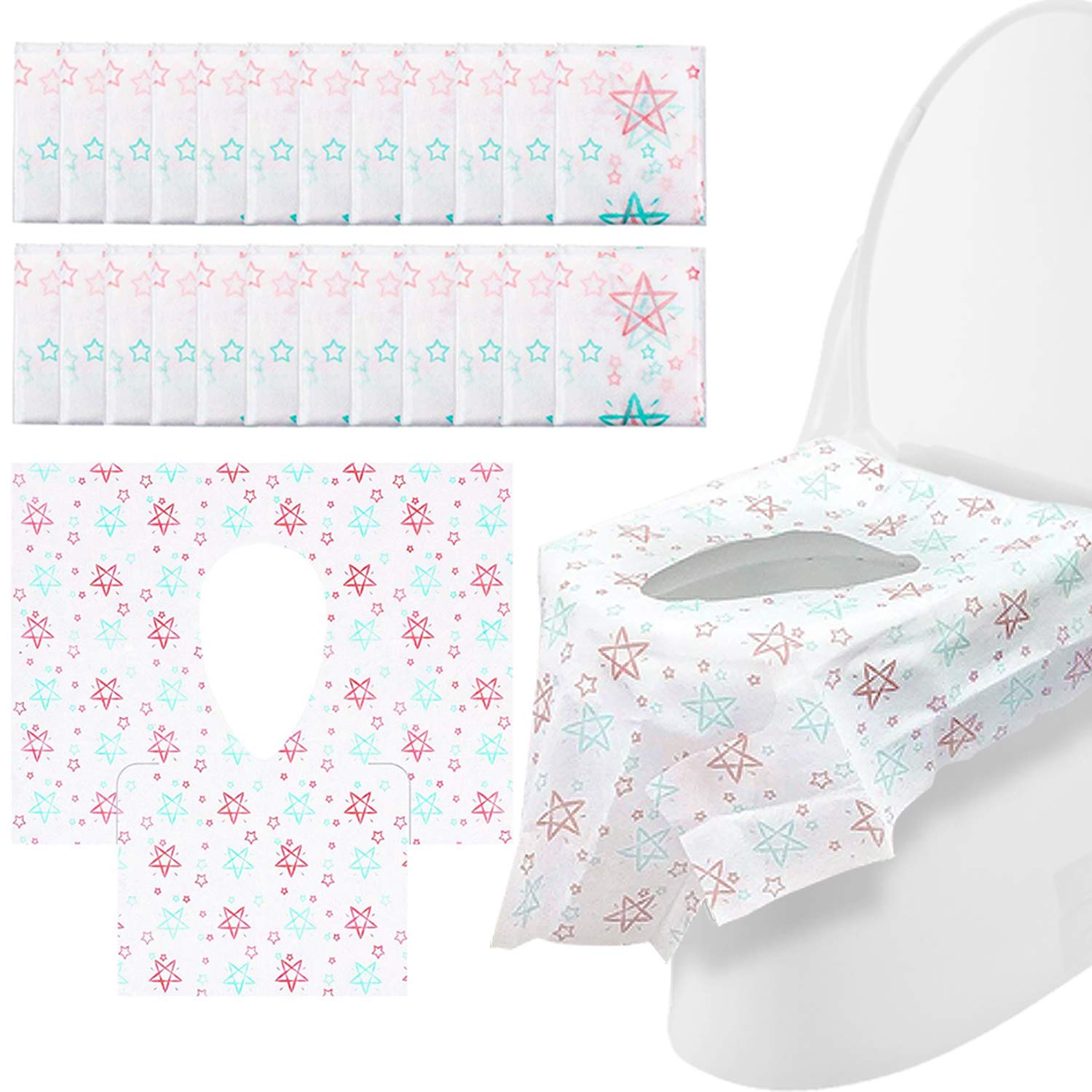 Potty Seat Cover - Disposable Toilet Seat Covers, Extra Large Size 24 Packs, Portable Individually Wrapped, Perfect for Adults and Kids Toddlers Potty Training, Home Travel Use(Star)