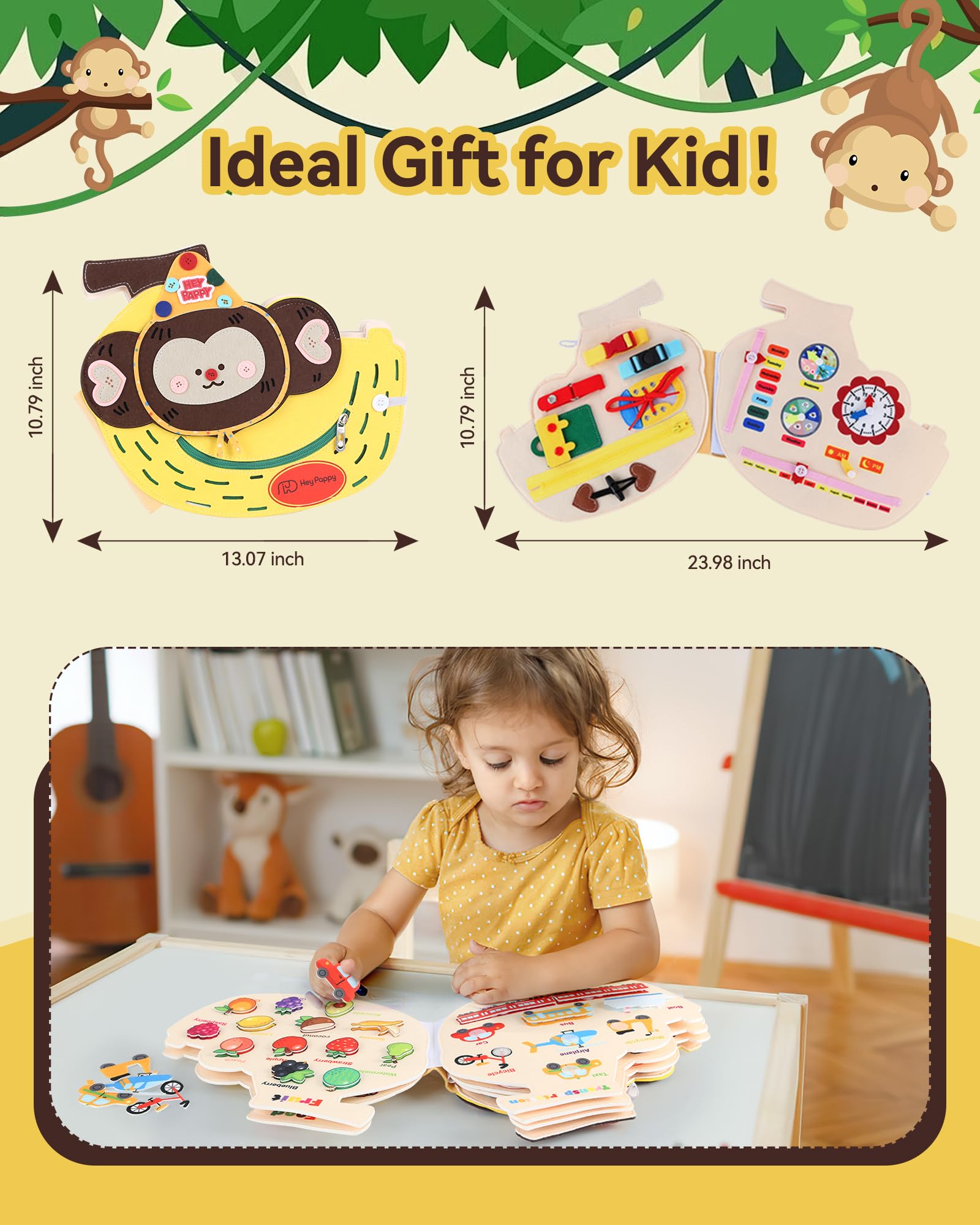 Heypappy Busy Board,12 in 1 Montessori Busy Board Feltro,Montessori Didattici Libro Sensoriale Educativo, Giocattolo per Abilità Motorie con Cintura Zaino Regalo Bambino Compleanno Natale