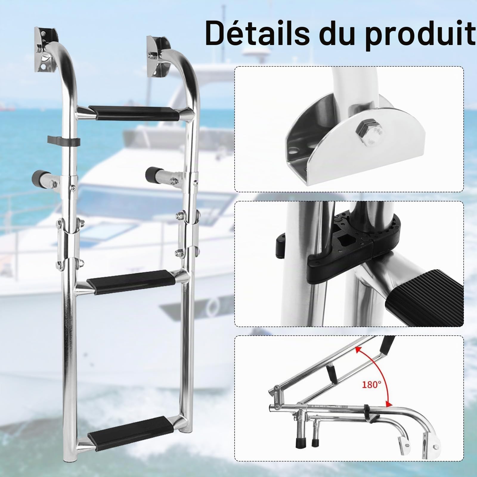 Aisny Échelle Natation à 3 Marches en Acier Inoxydable 304, Échelle Piscine Bateau Échelle Télescopique Pliable à 180 Degrés, Échelle Bateau Flottante Pour Quai Piscine Yacht Marin