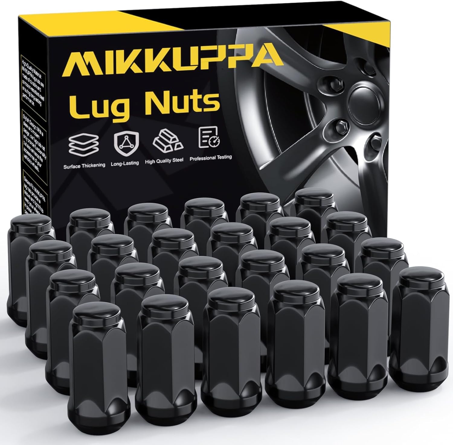 MIKKUPPA M14x1.5 Black Closed End Bulge Acorn Lug Nuts for Chevy Silverado Tahoe F-150 Ram 1500 - 24 Pack Aftermarket Wheels