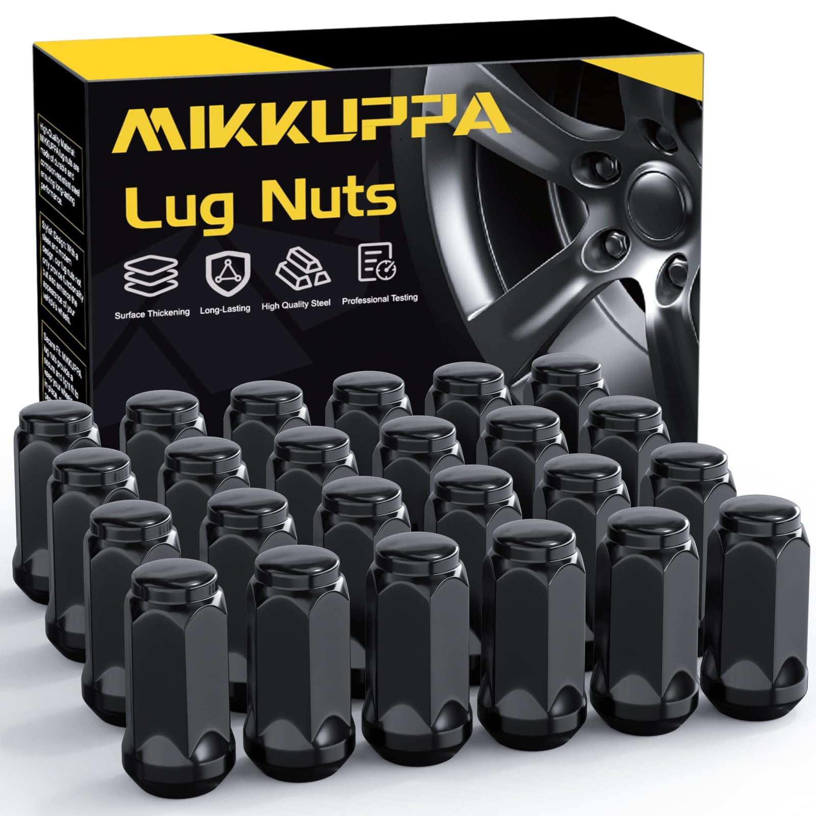MIKKUPPA M14x1.5 Lug Nuts, Replacement for Chevy Silverado Suburban 1500 Tahoe Colorado Traverse, Ford F-150 Ram 1500 Aftermarket Wheel, 24pcs Black Closed End Bulge Acorn Tire Lug Nuts
