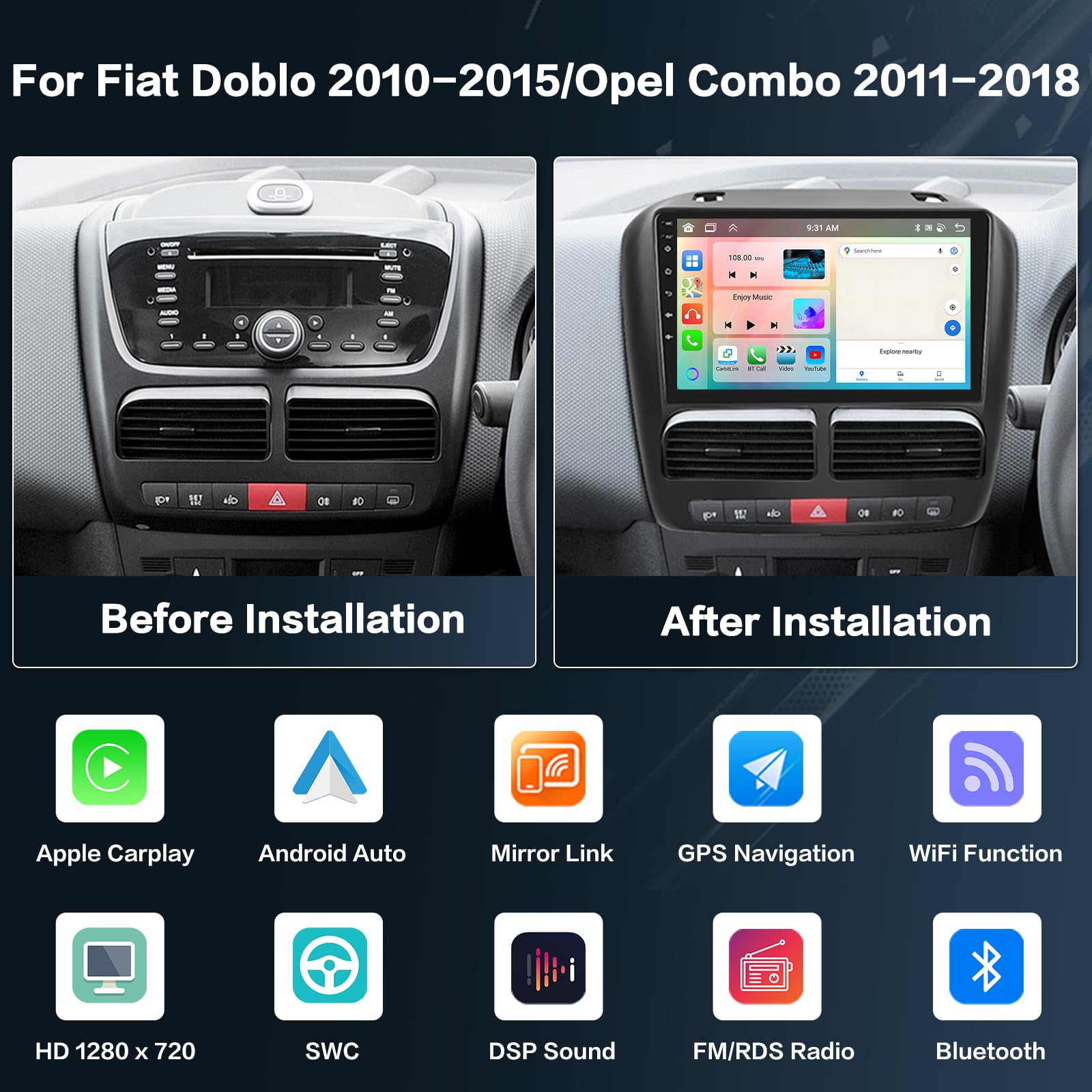 Podofo Carplay Autoradio GPS für OPEL Combo 2011-2018 für FIAT Doblo