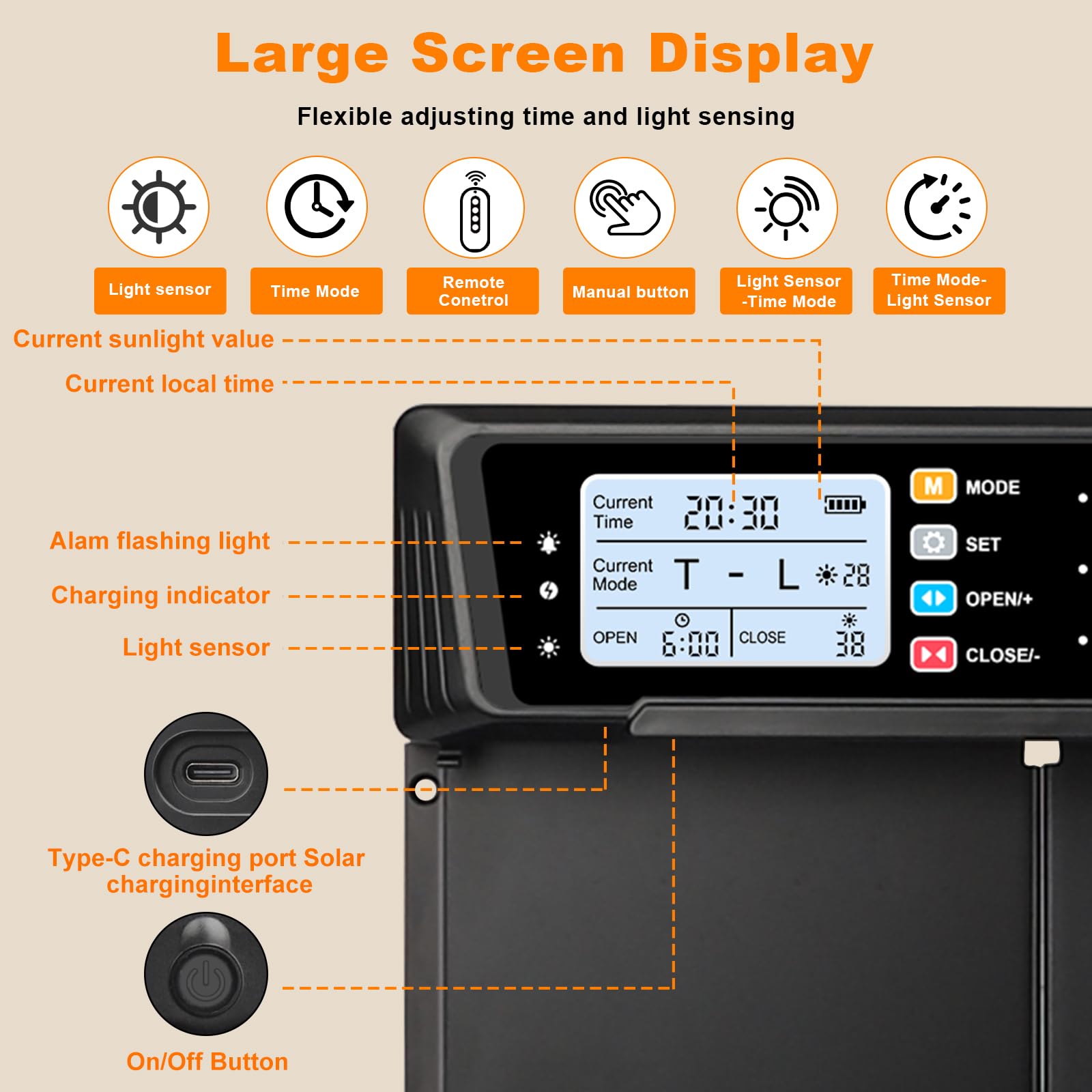 Puerta automática de gallinero solar y funciona con pilas, 6 modos de puerta de gallinero con temporizador, sensor de luz, abridor automático de puerta de pollo eléctrico de aluminio con control