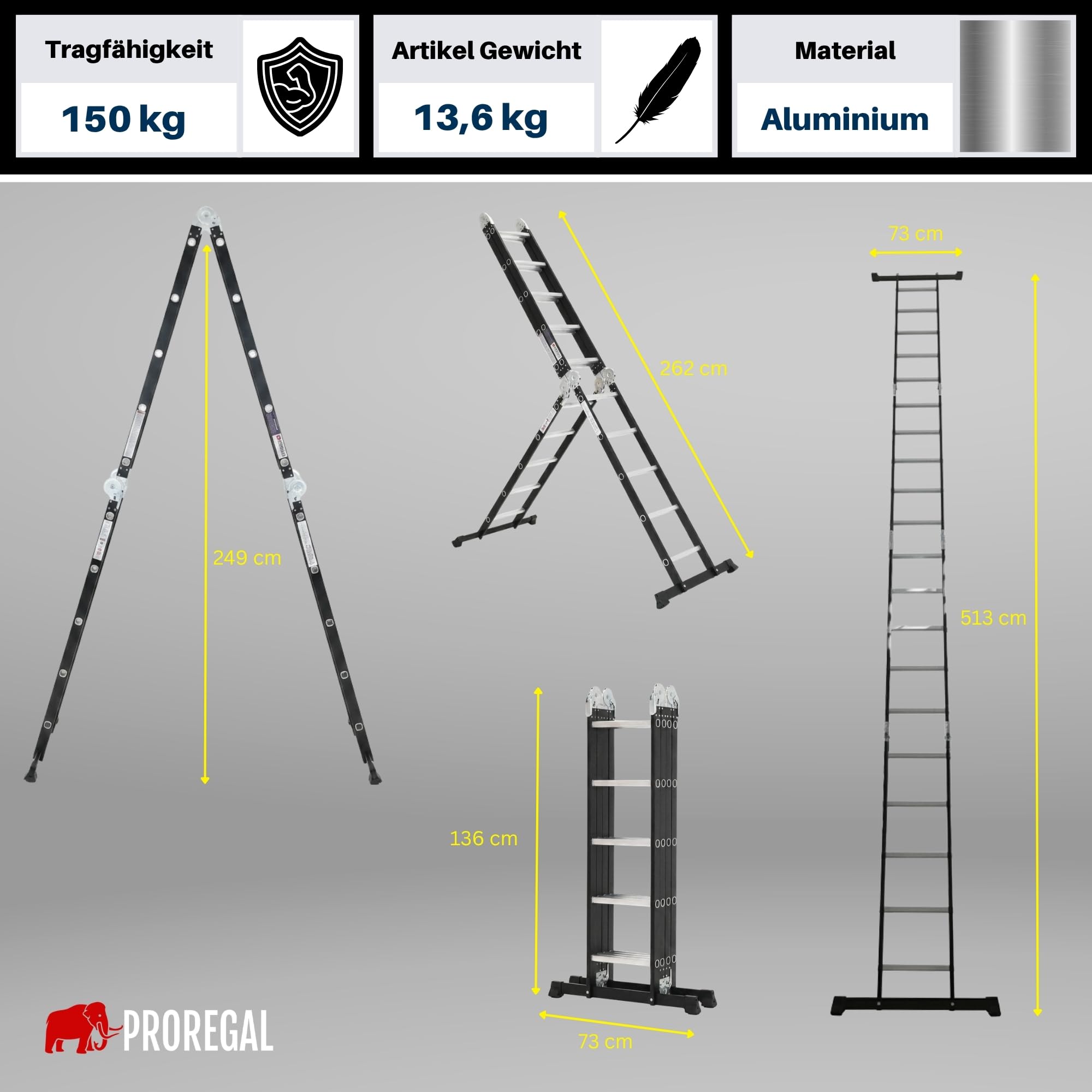 Scala multifunzione MULTISTEP a 3 sezioni in alluminio 4x5 pioli Nera Altezza fino a 5,13 m Portata massima 150 kg Scala a pioli, scala estensibile e scala allungabile